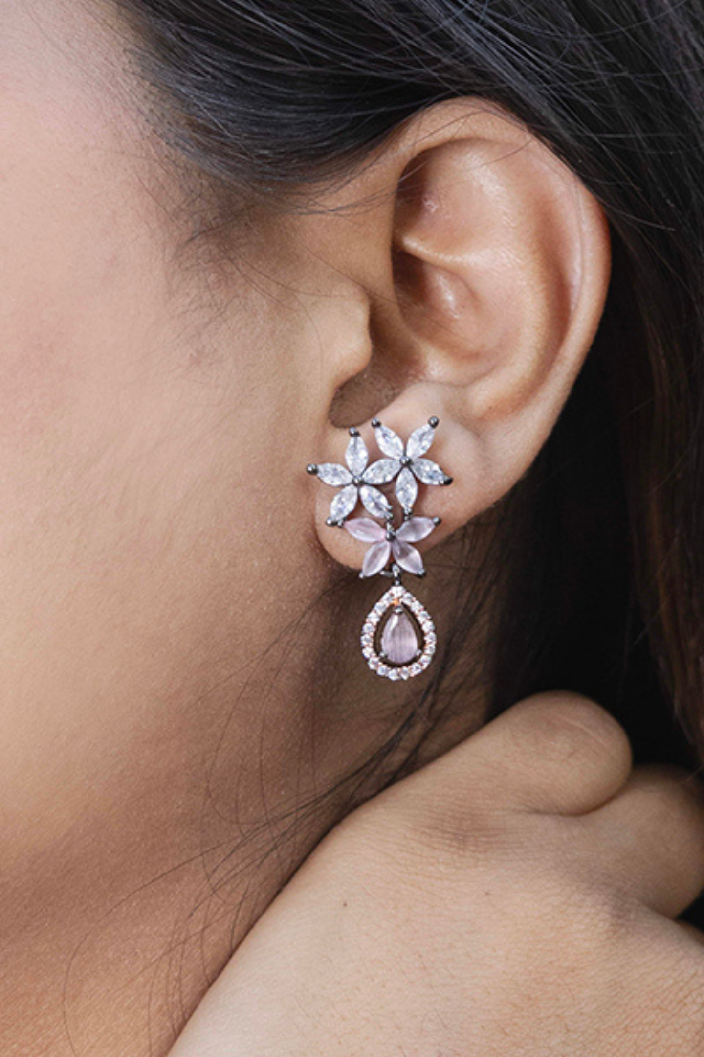 American Diamond Flower Drop Earrings-Purple