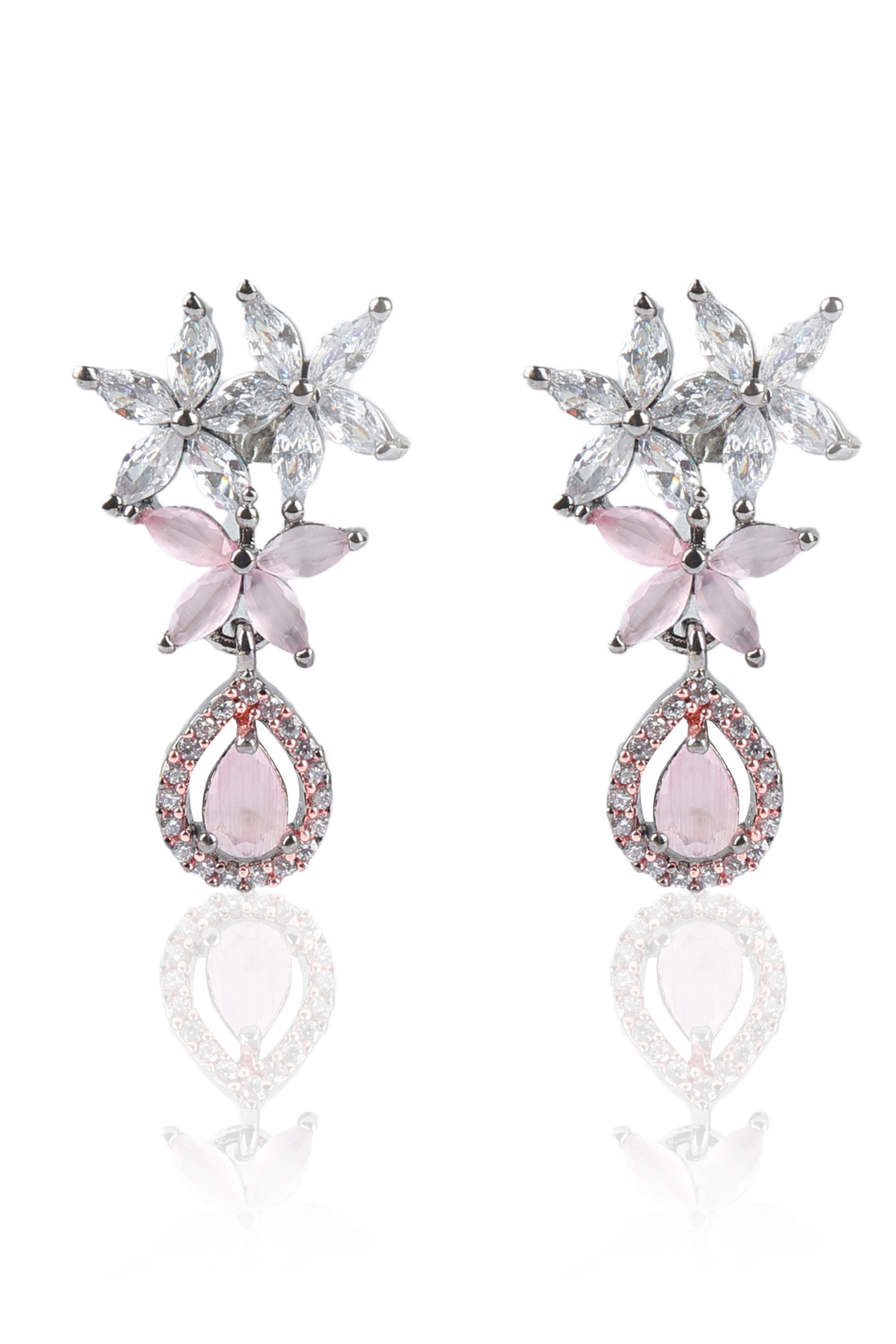 American Diamond Flower Drop Earrings-Purple