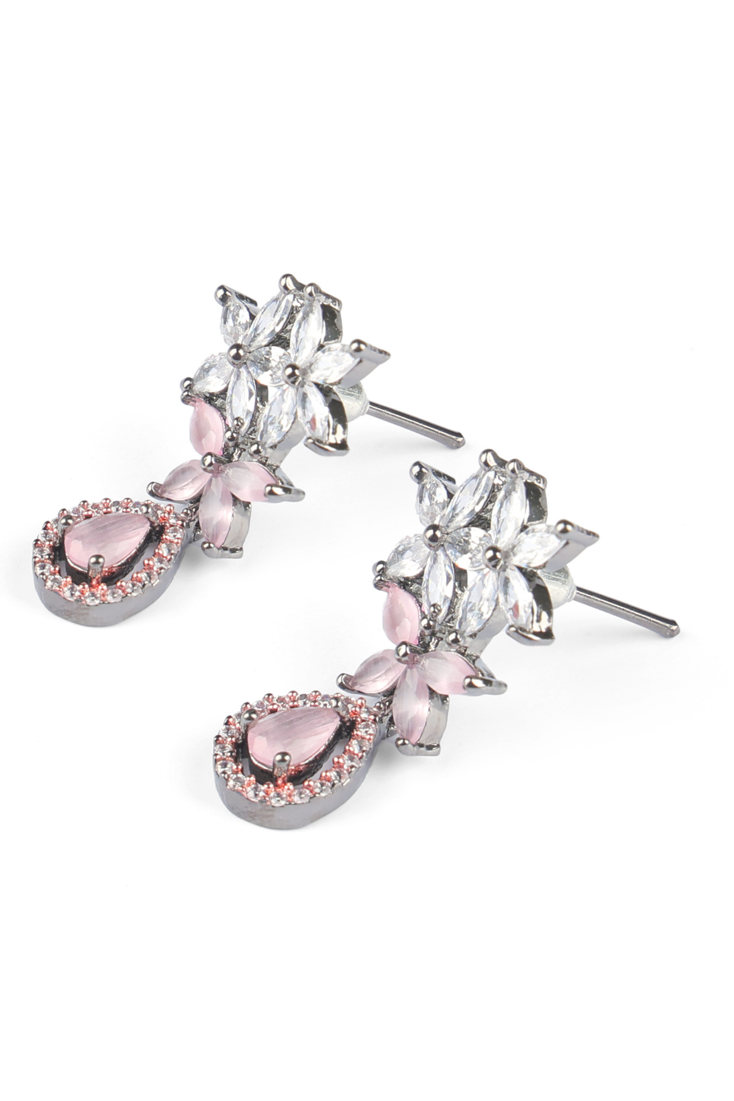 American Diamond Flower Drop Earrings-Purple