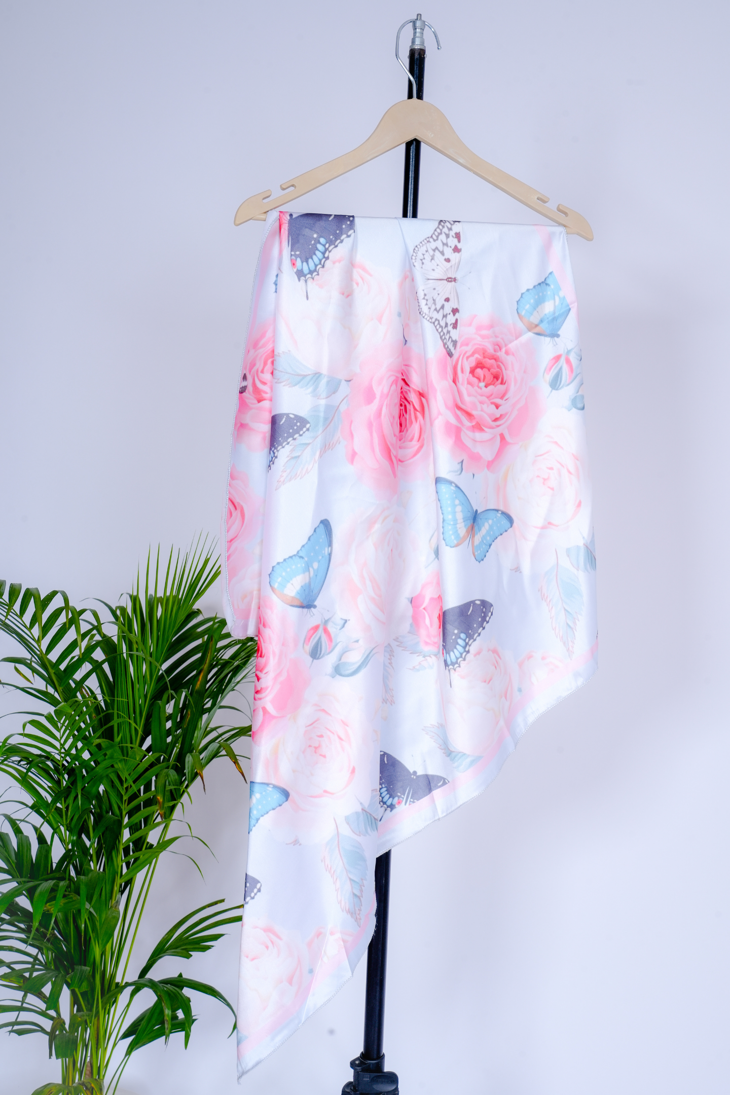Elegant Floral & Butterfly Printed Satin Scarf