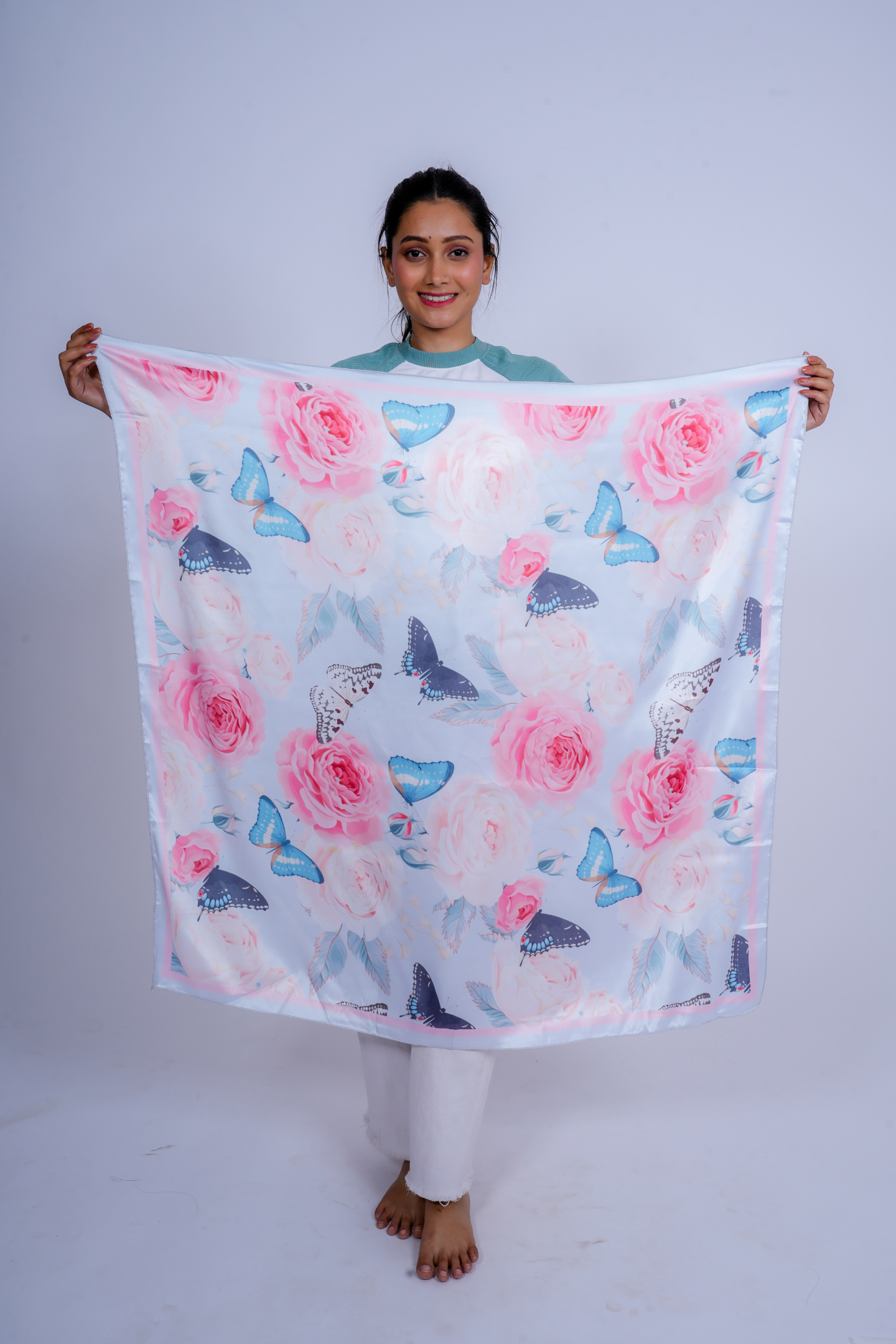 Elegant Floral & Butterfly Printed Satin Scarf