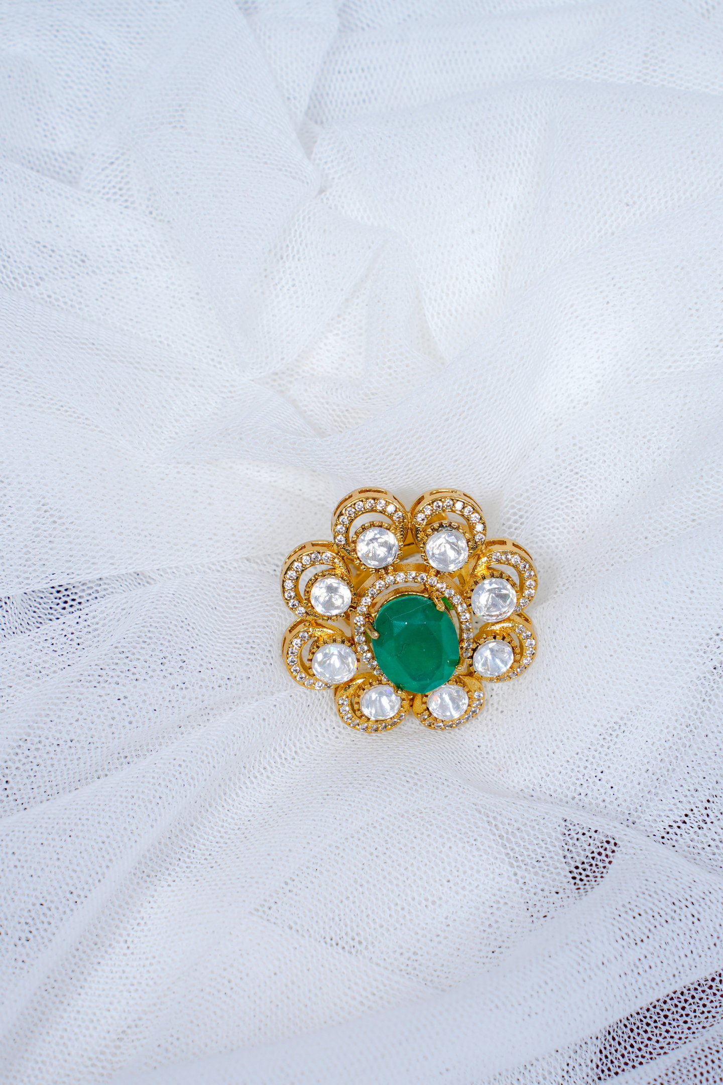 Gold-Plated Kundan & Green Stone Statement Ring