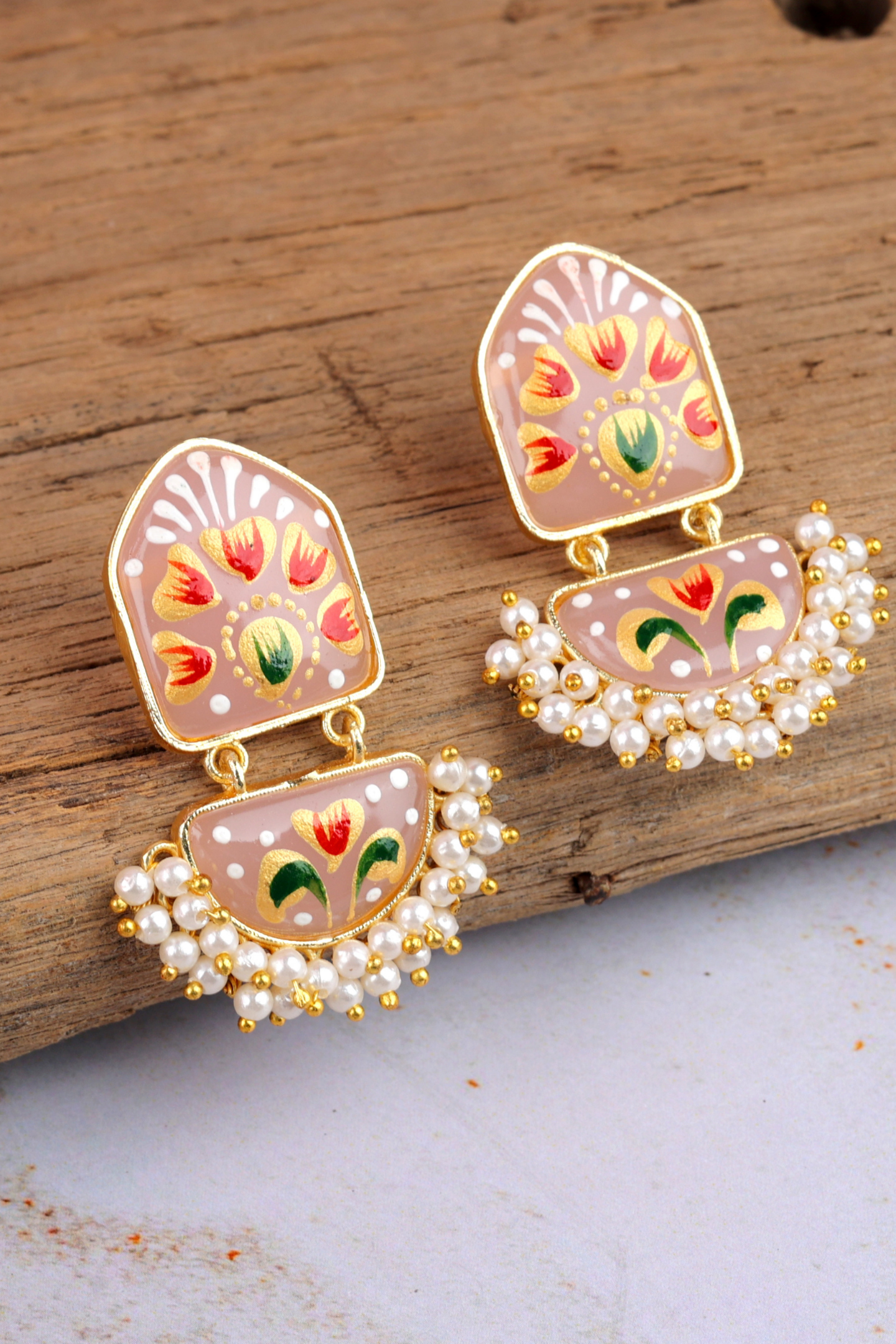 Hand-Painted Meenakari Pearl Drop Earring-Pink