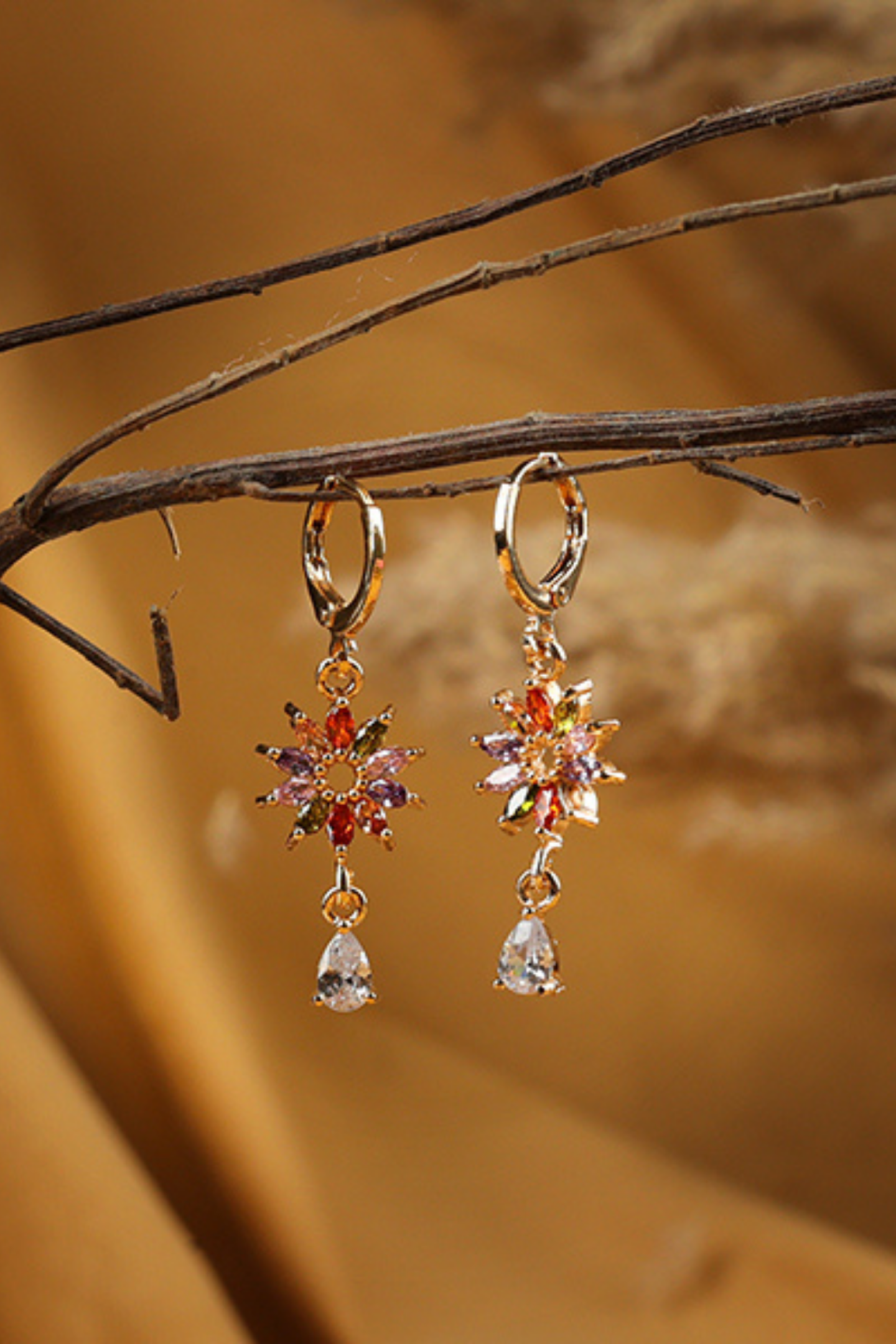 American Diamond Unique Flower Drop Earrings-Multicolour