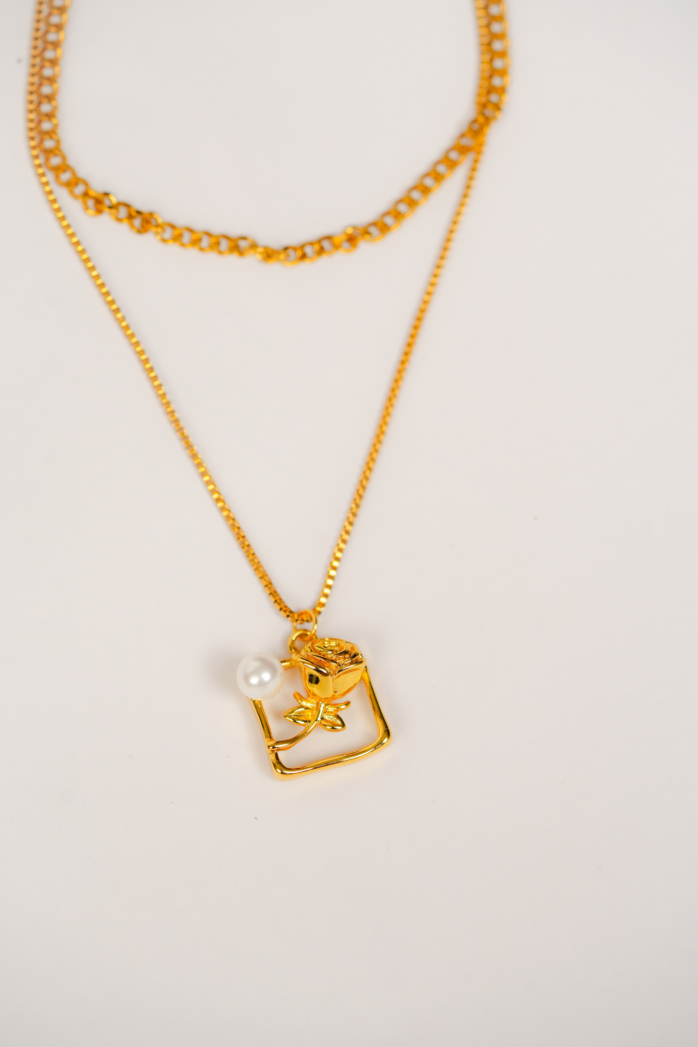 Gold-Plated Double Chain Pendant with Pearl & Rose