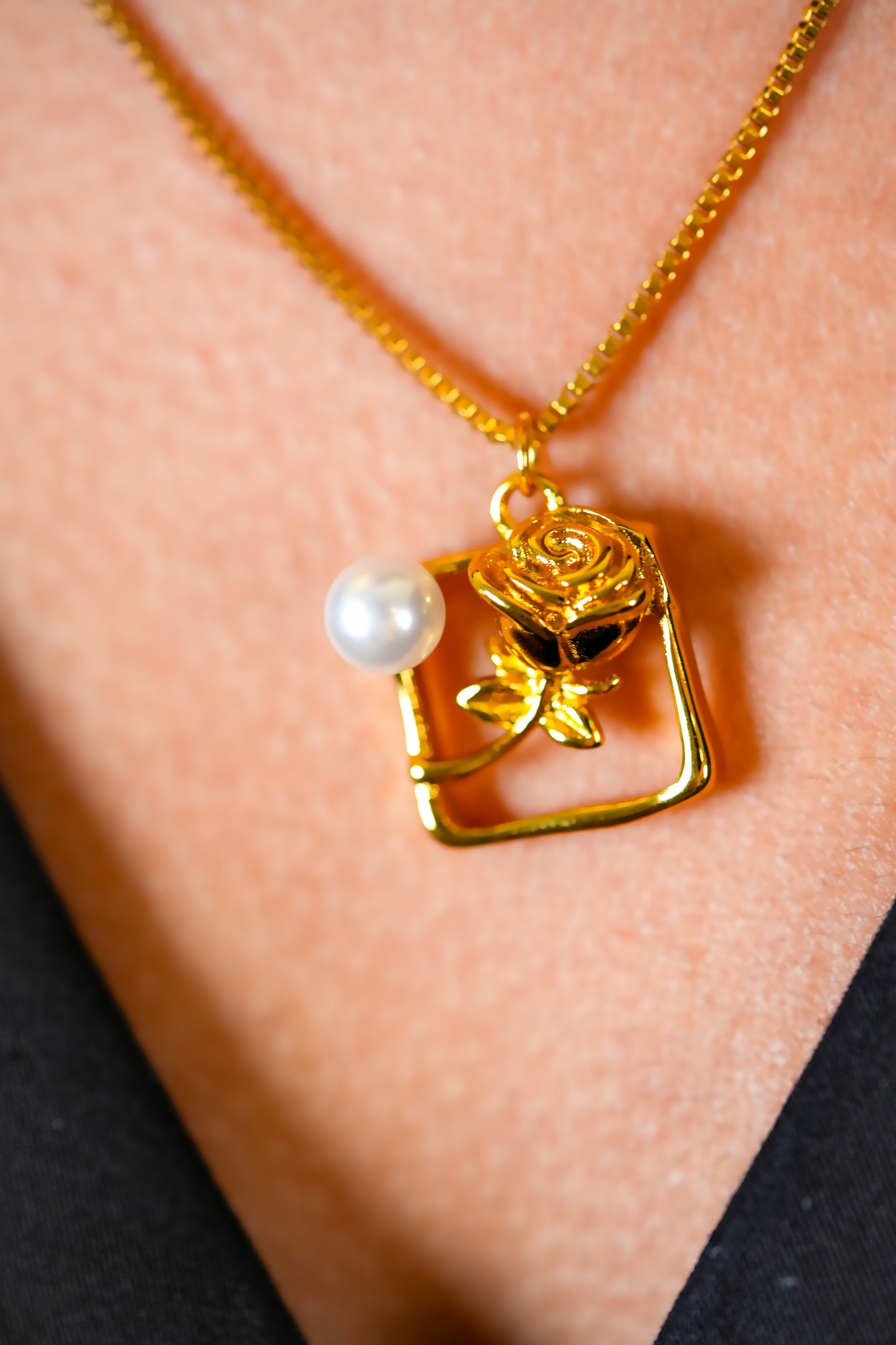 Gold-Plated Double Chain Pendant with Pearl & Rose