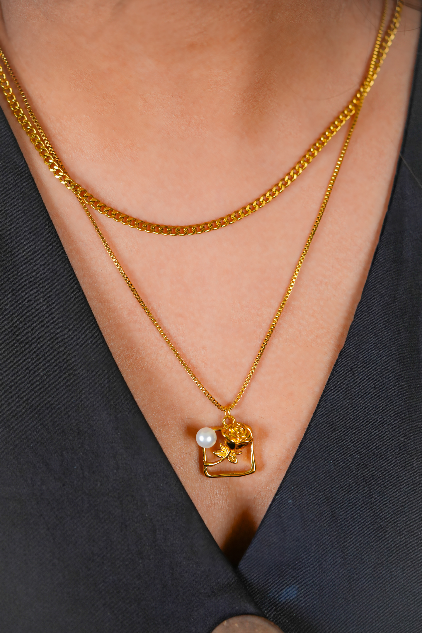 Gold-Plated Double Chain Pendant with Pearl & Rose
