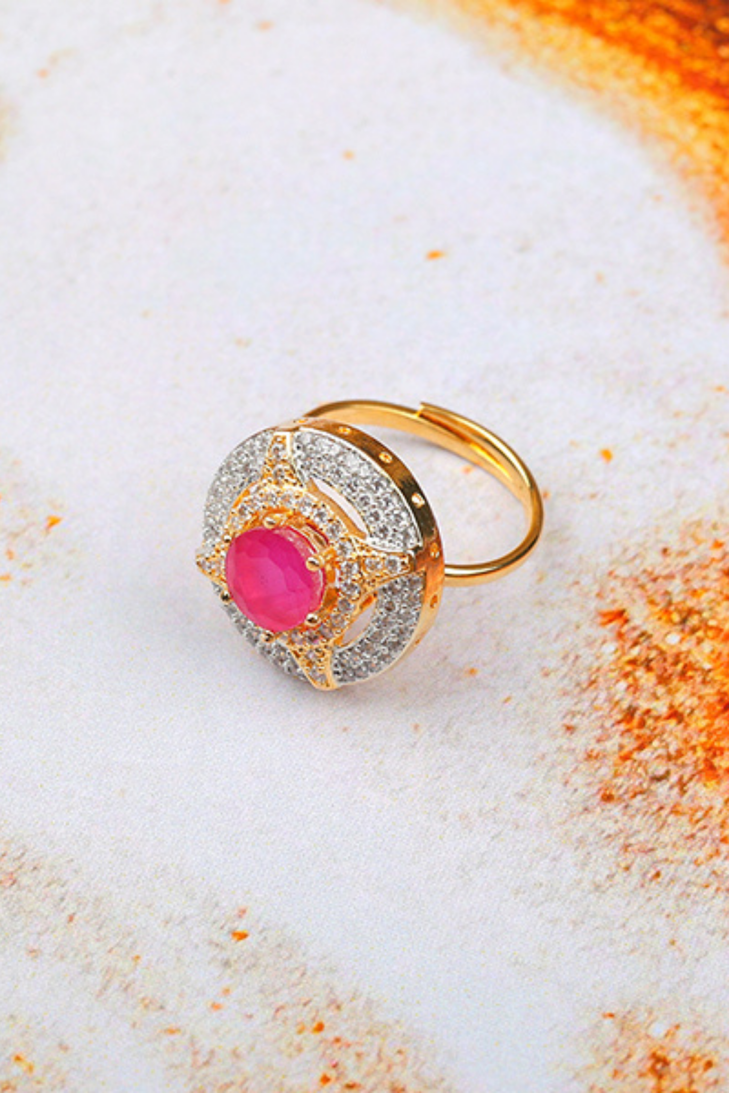 Elegant American Diamond Ring with Red Stone