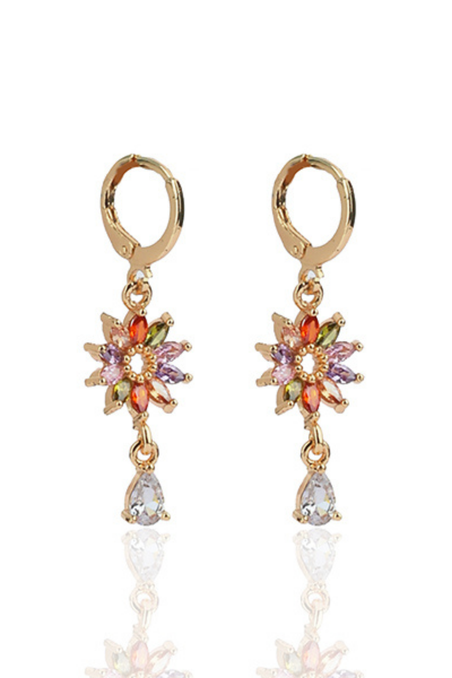 American Diamond Unique Flower Drop Earrings-Multicolour