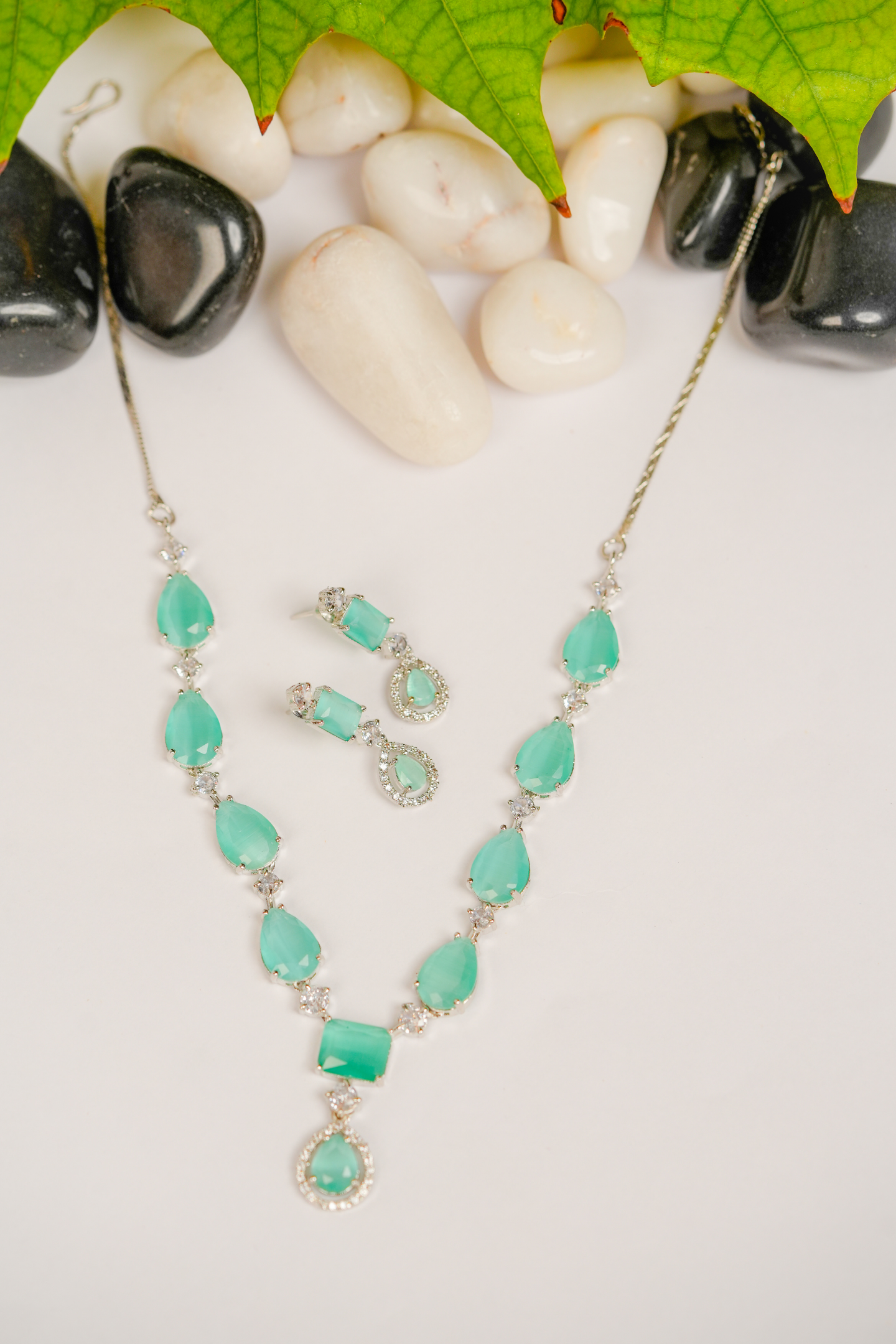 Royal Gemstone Necklace Set-Mint Green