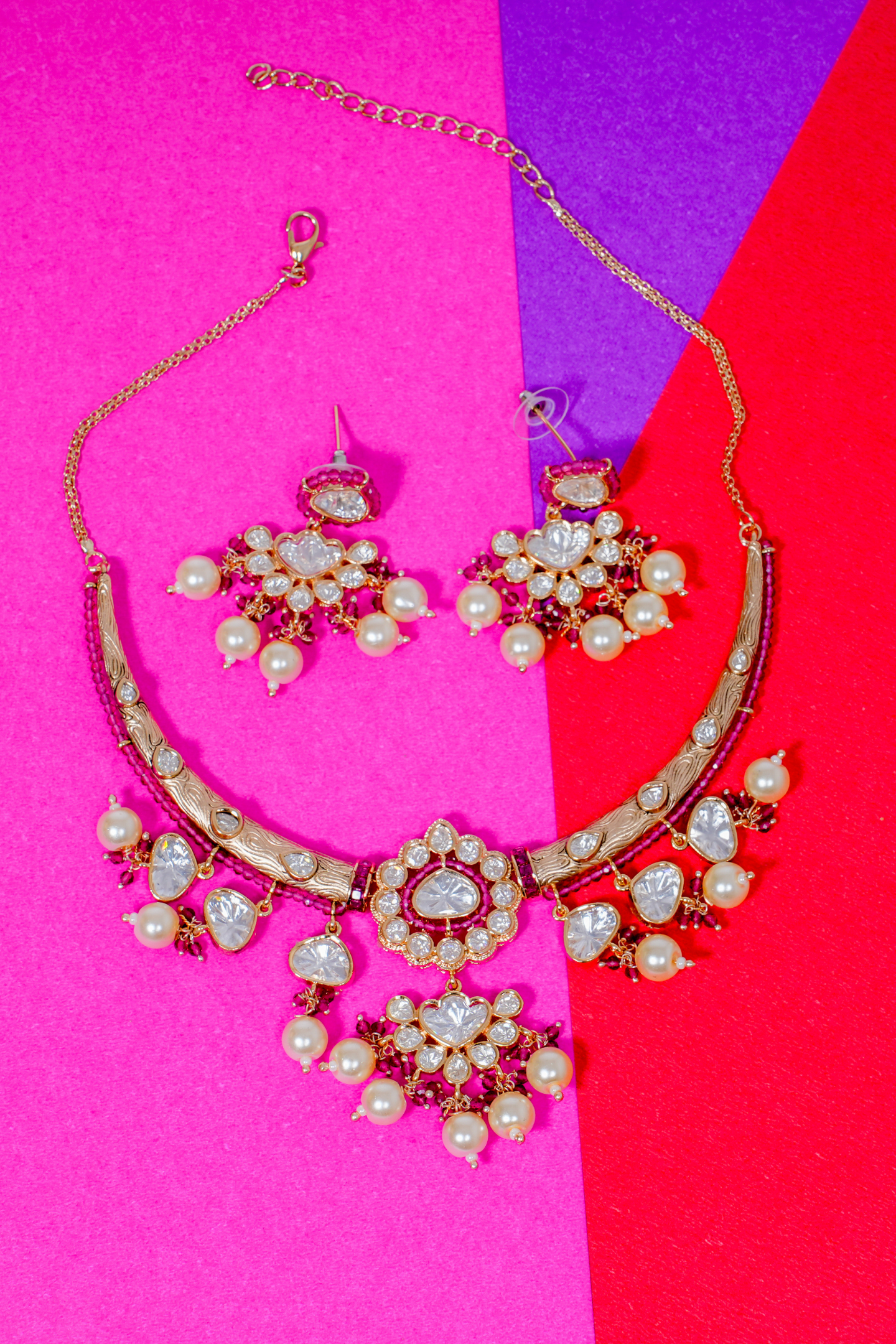 Gold-Plated Royal Kundan Polki Pearl Choker -Pink