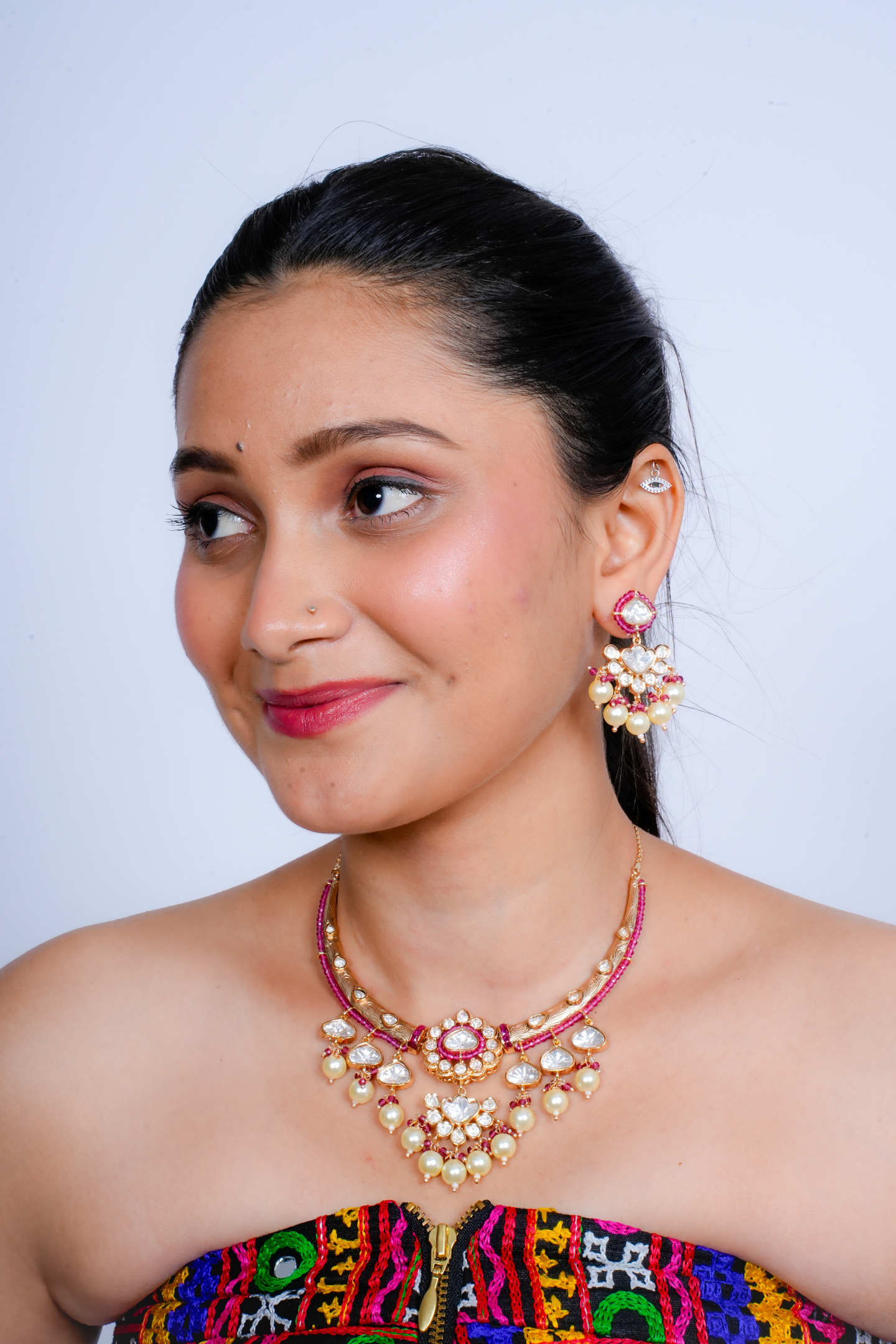 Gold-Plated Royal Kundan Polki Pearl Choker -Pink