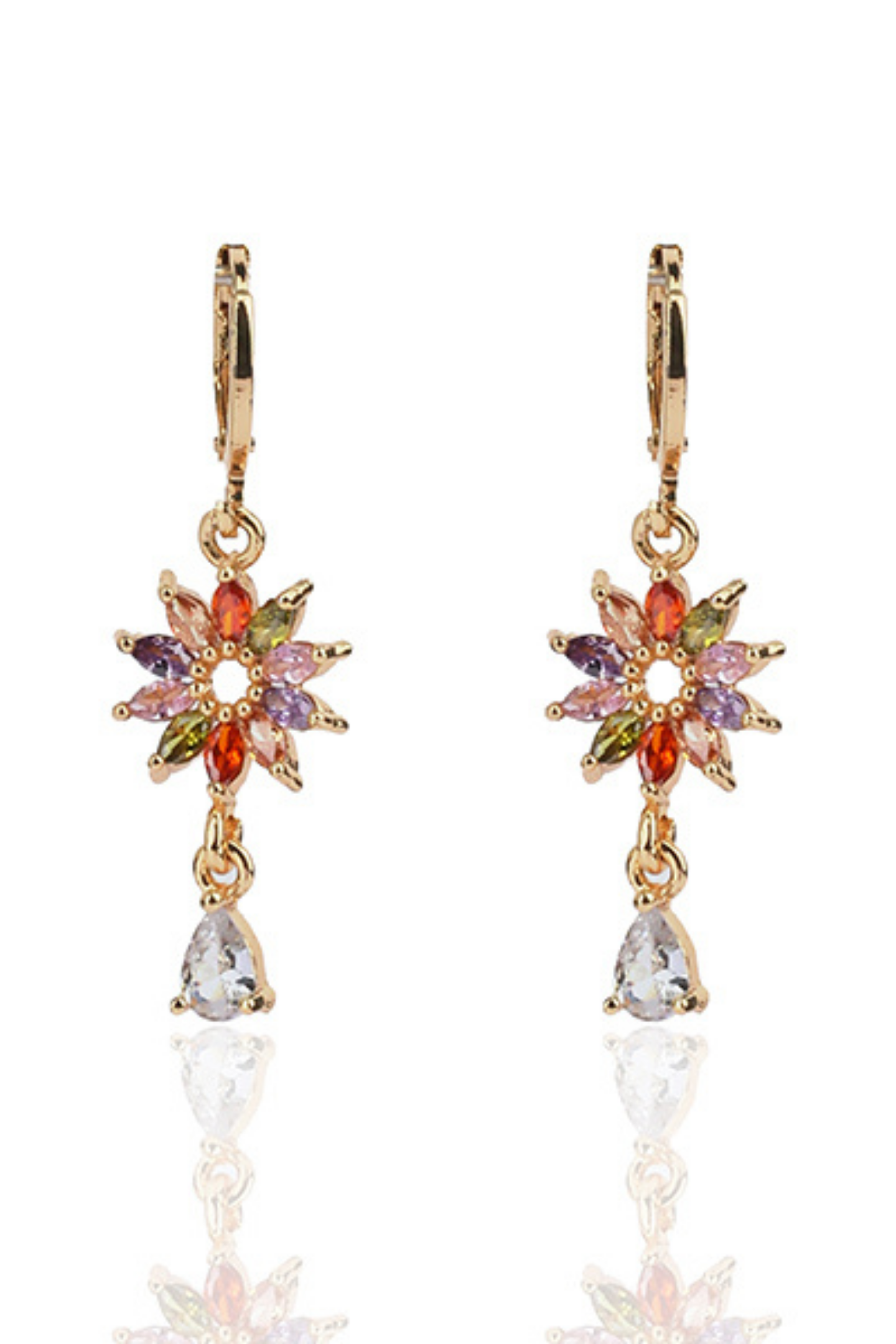 American Diamond Unique Flower Drop Earrings-Multicolour