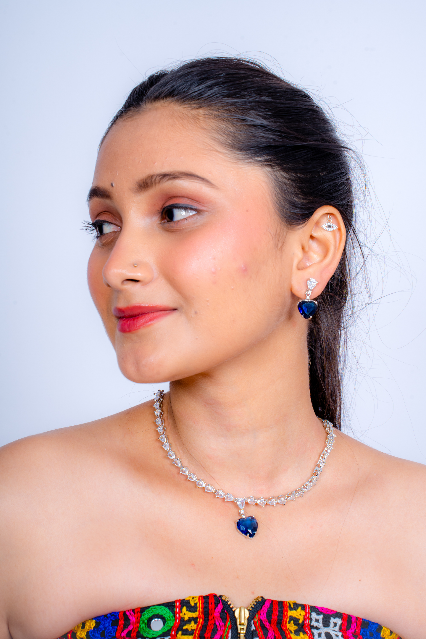 Heart Drop American Diamond Jewellery Set-Sky Blue