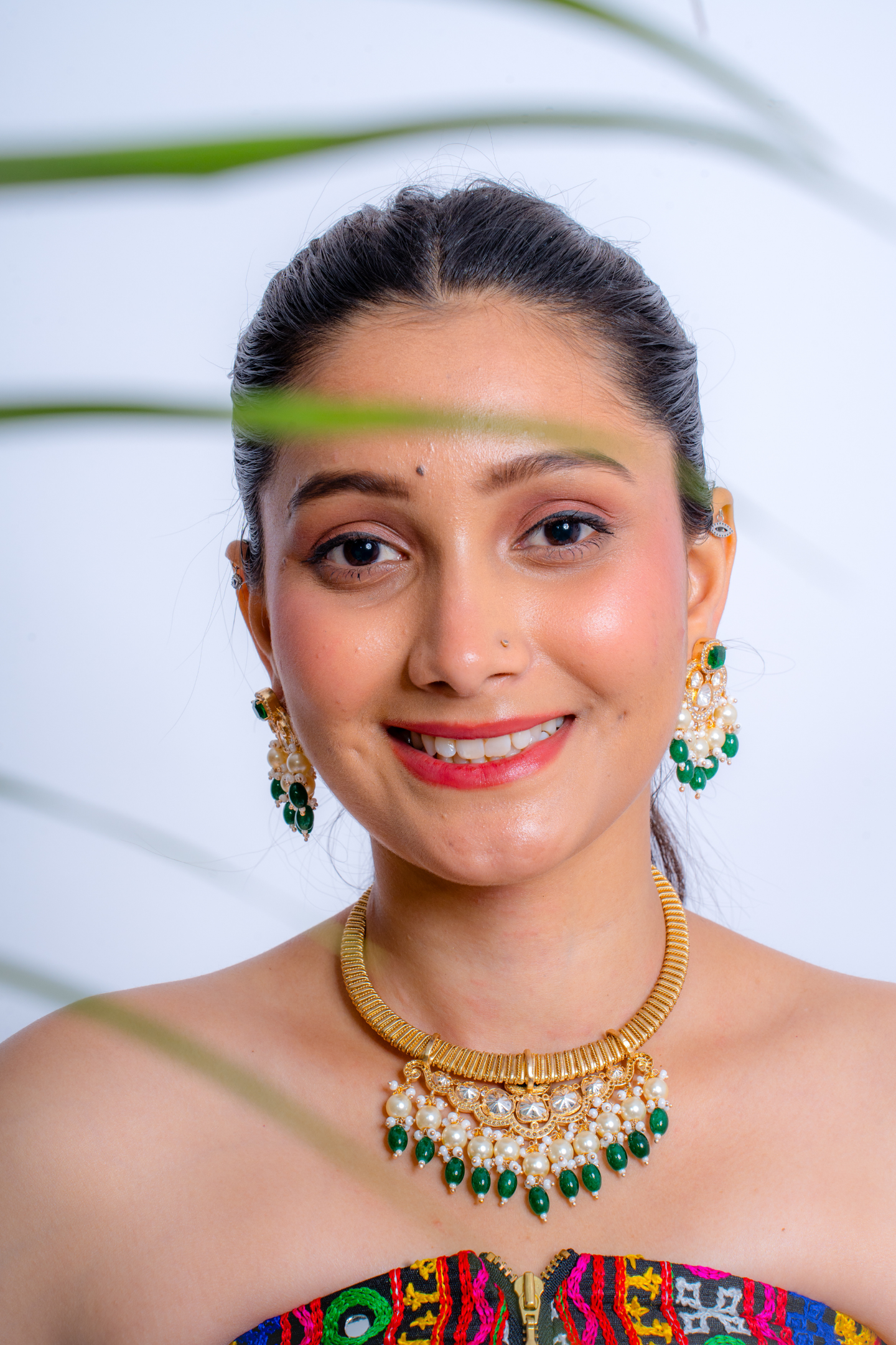 Gold-Plated Kundan Polki, Pearl Choker Necklace-Green