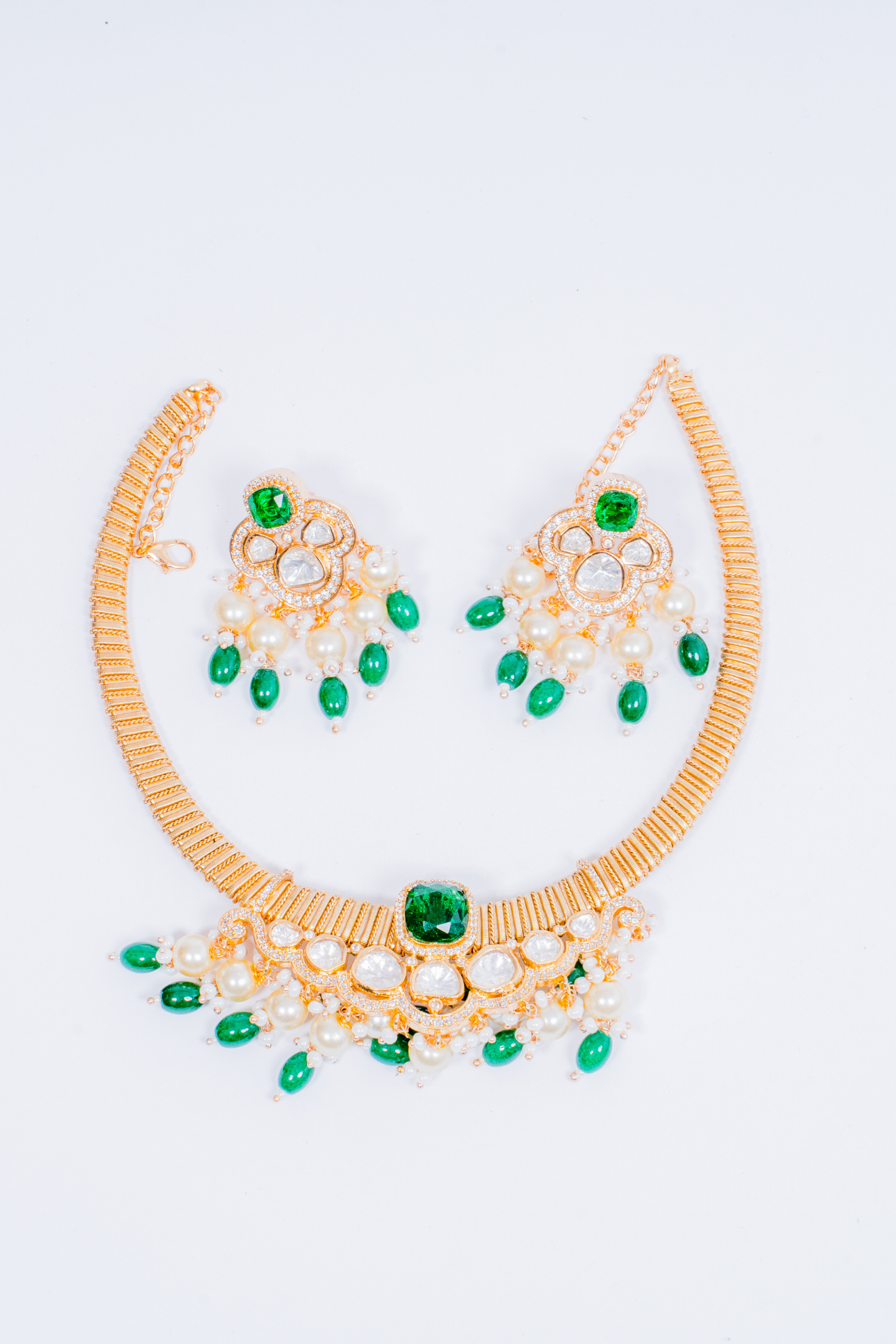 Gold-Plated Kundan Polki, Pearl Choker Necklace-Green