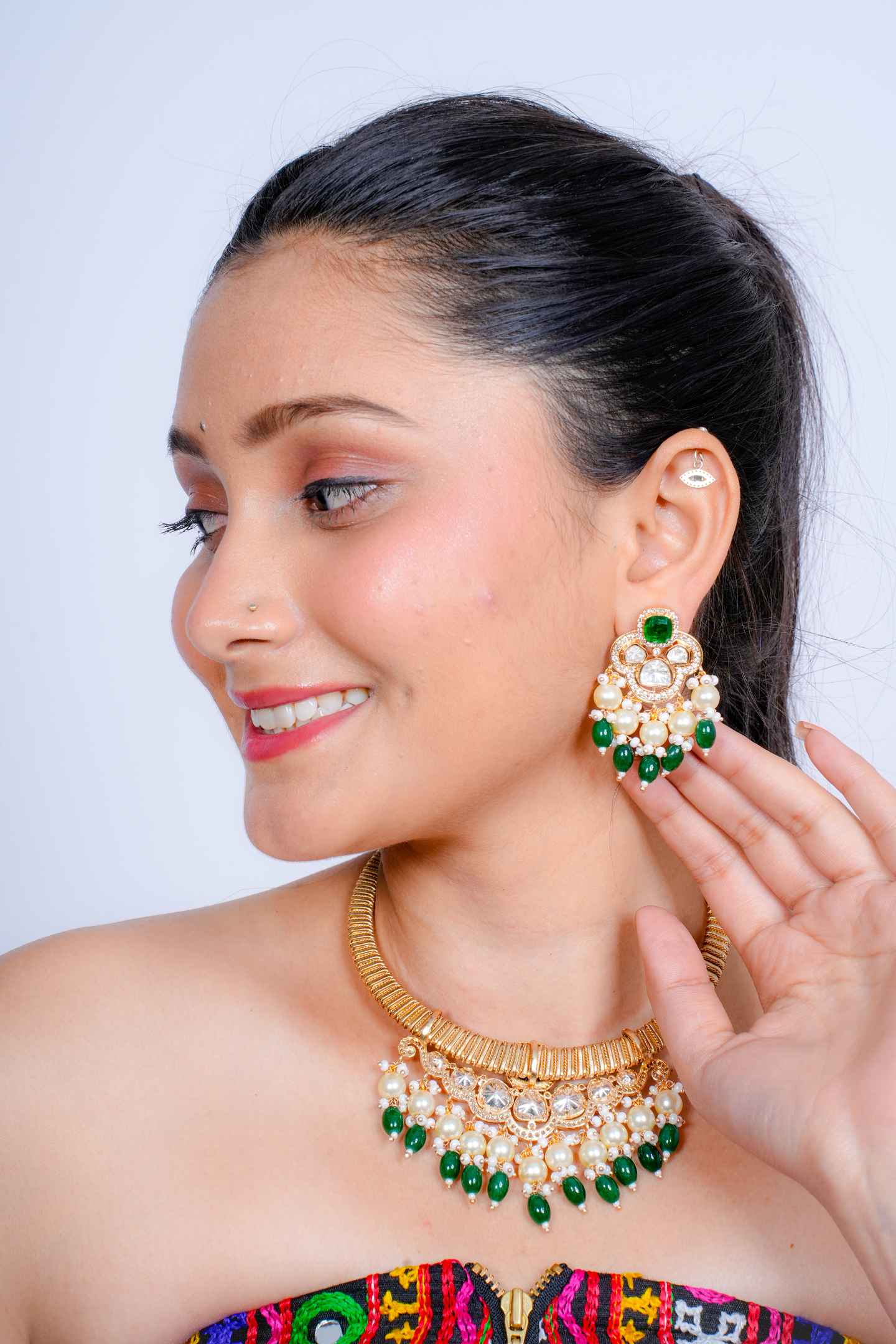 Gold-Plated Kundan Polki, Pearl Choker Necklace-Green