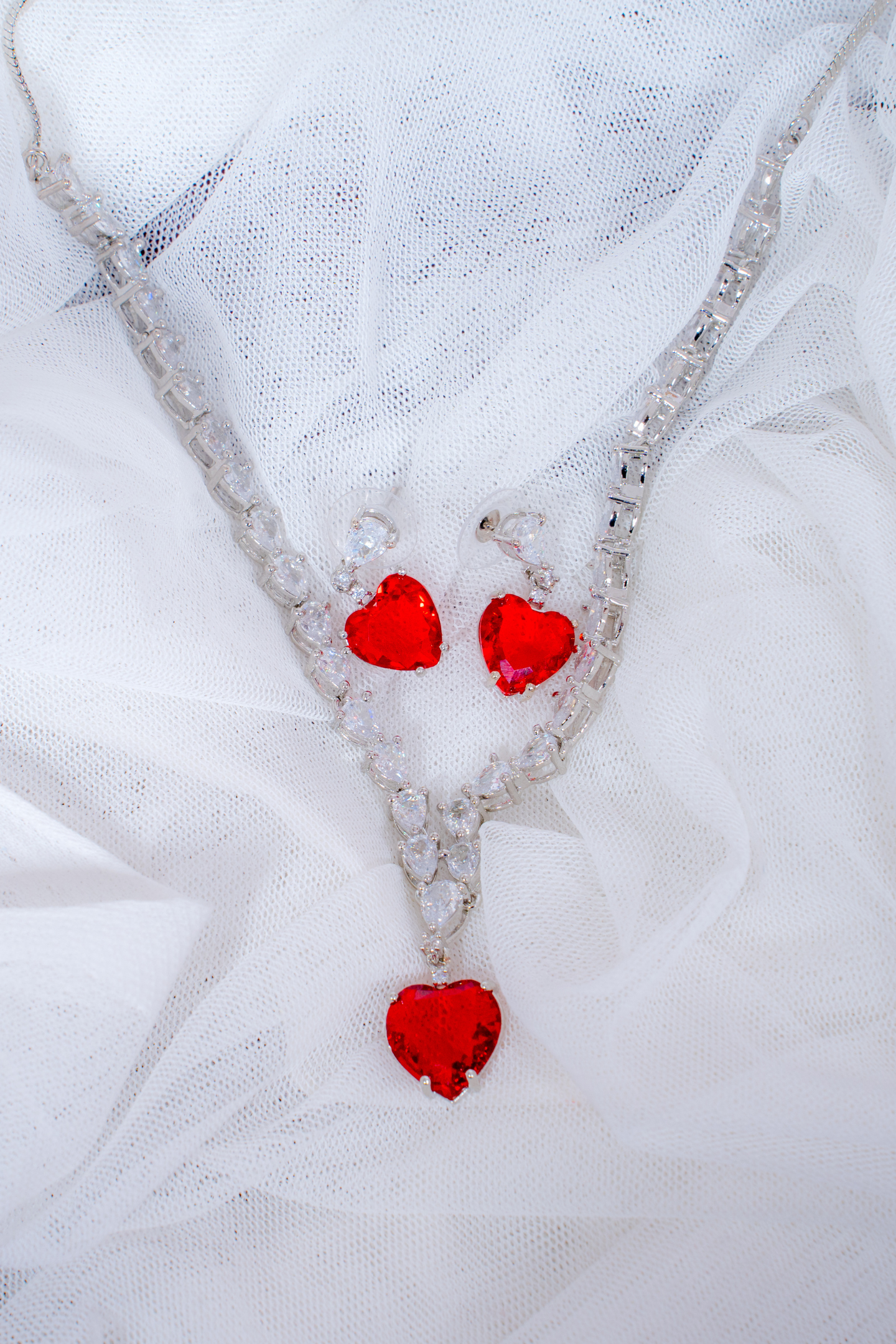 Heart Drop American Diamond Jewellery Set-Red