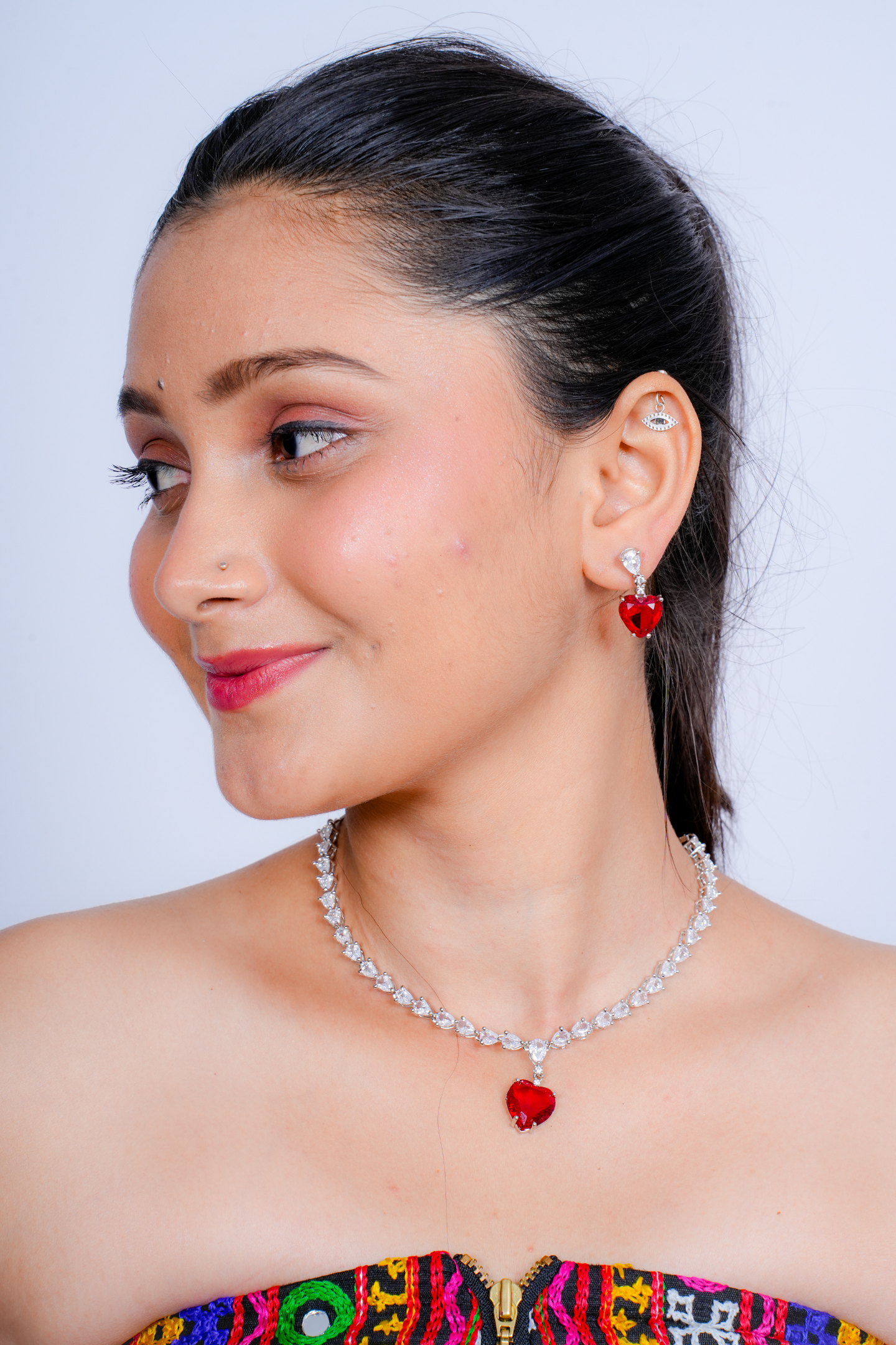Heart Drop American Diamond Jewellery Set-Red