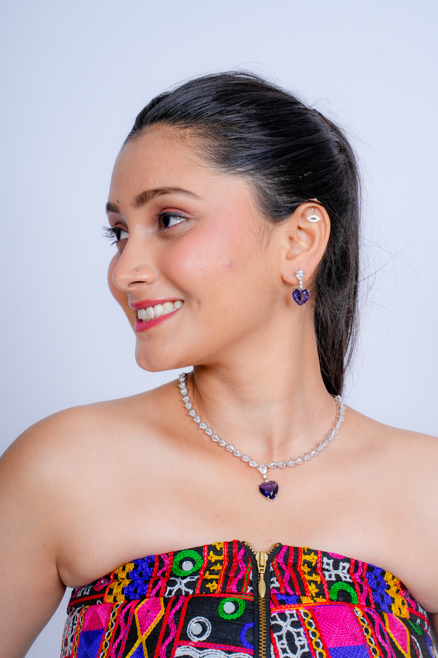 Heart Drop American Diamond Jewellery Set-Purple