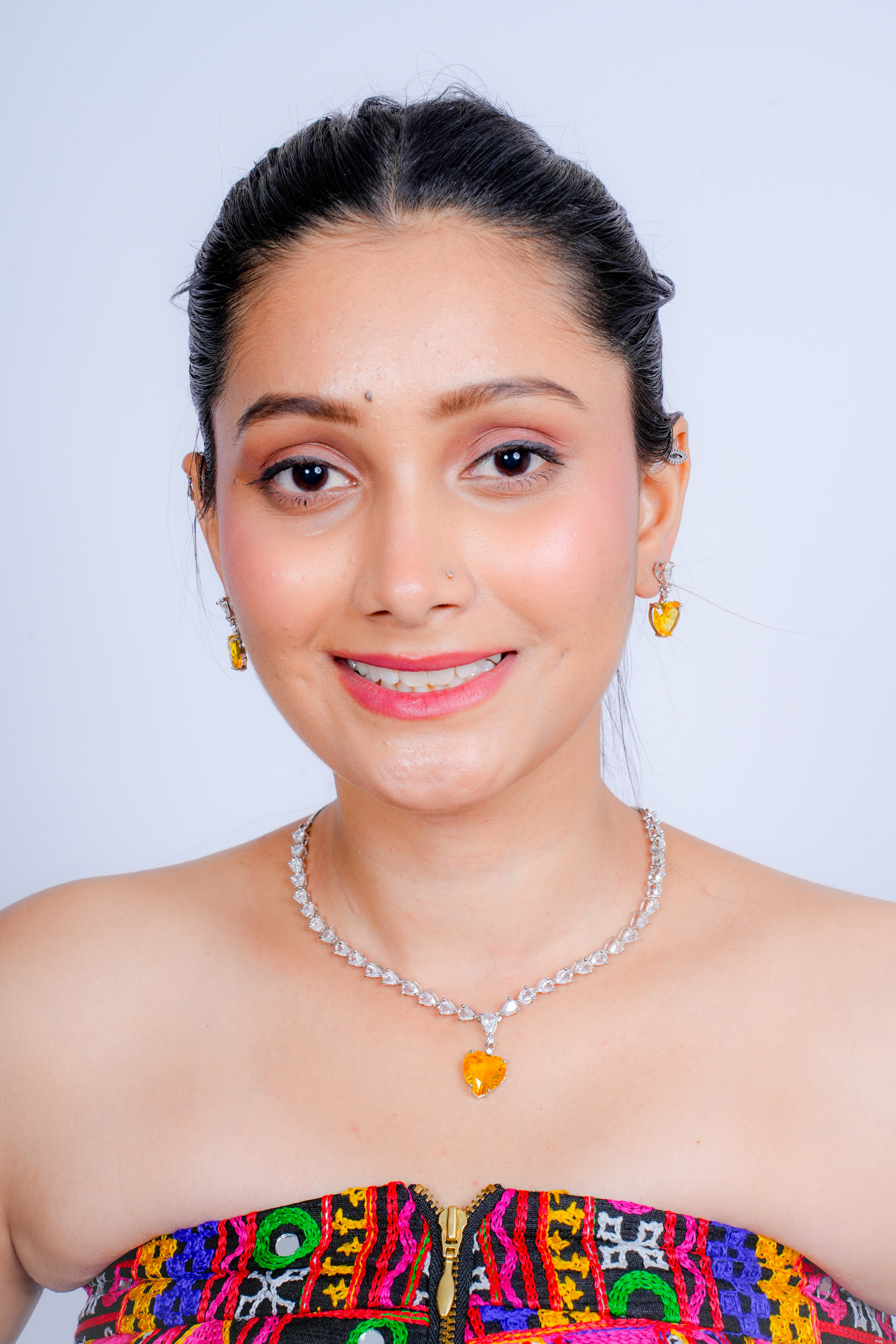 Heart Drop American Diamond Jewellery Set-Yellow