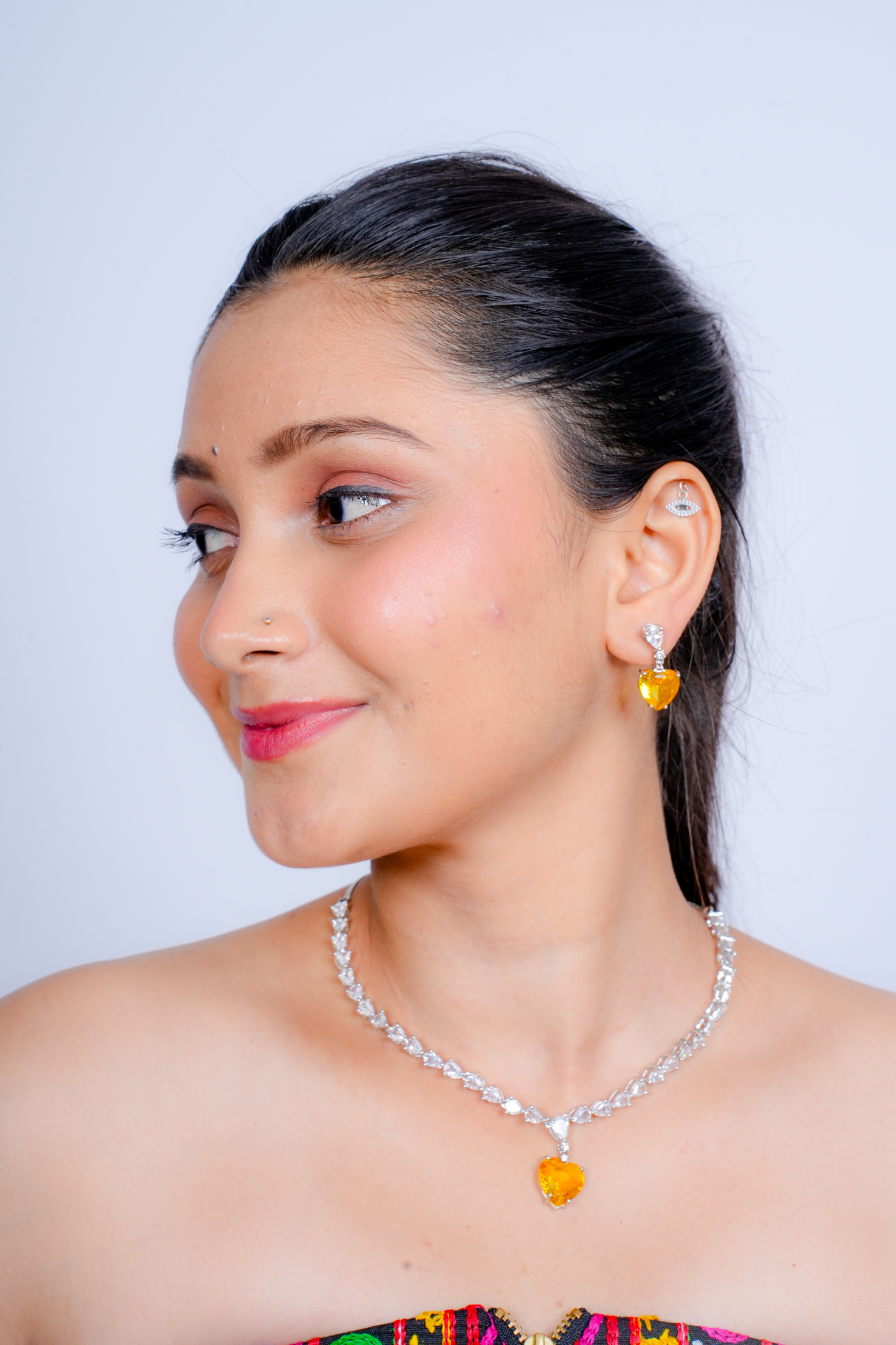 Heart Drop American Diamond Jewellery Set-Yellow