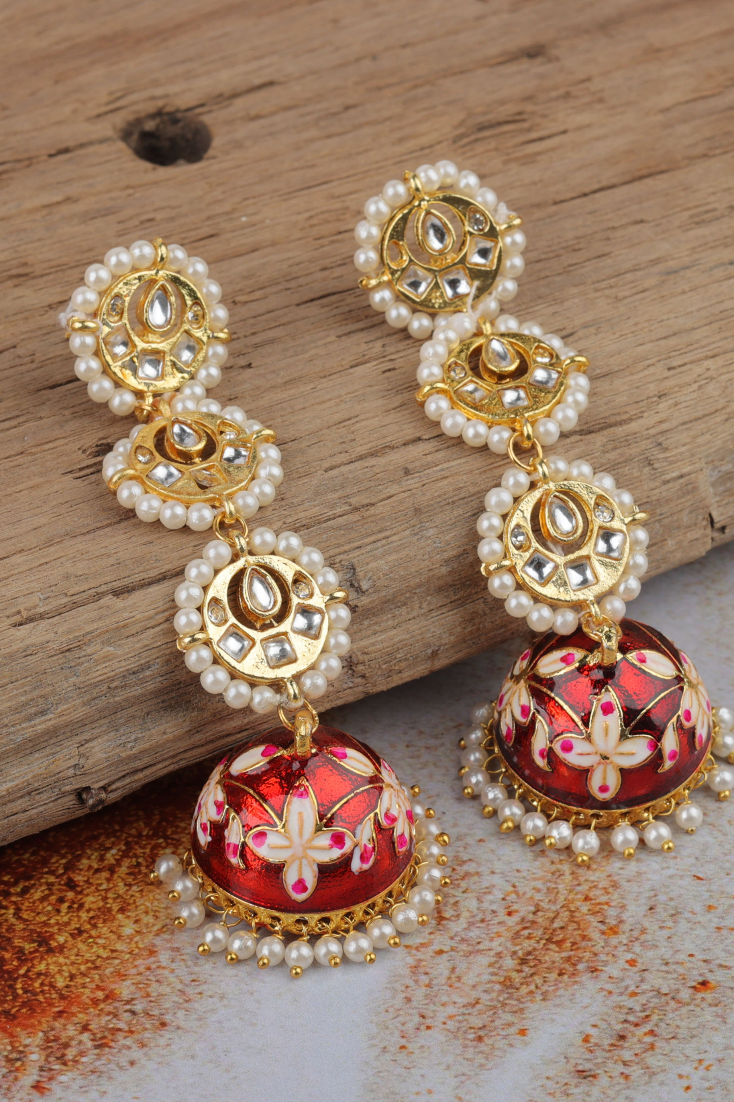 Royal Kundan Meenakari Jhumka Earring-Red