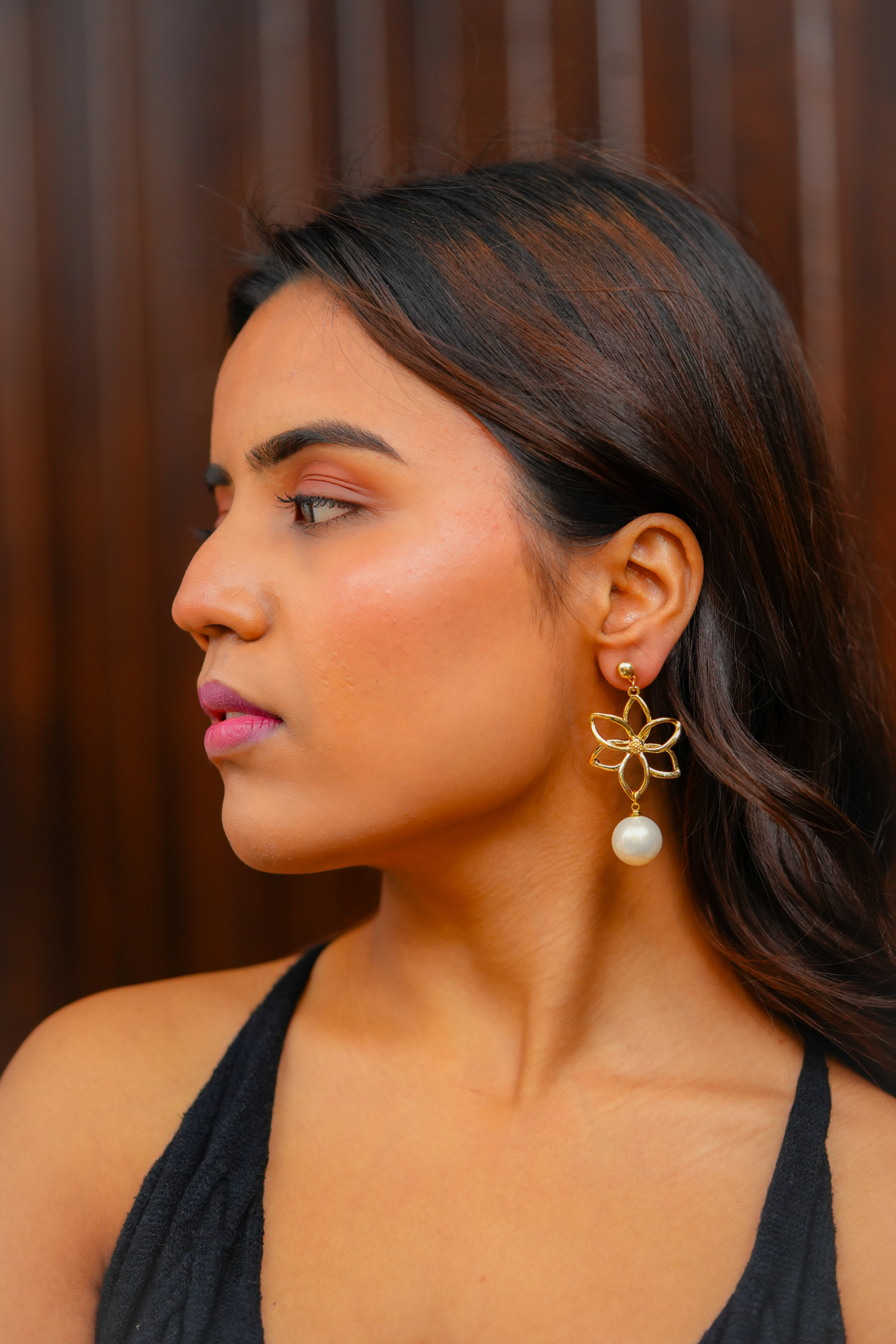 Gold-Plated Floral Pearl Drop Earring