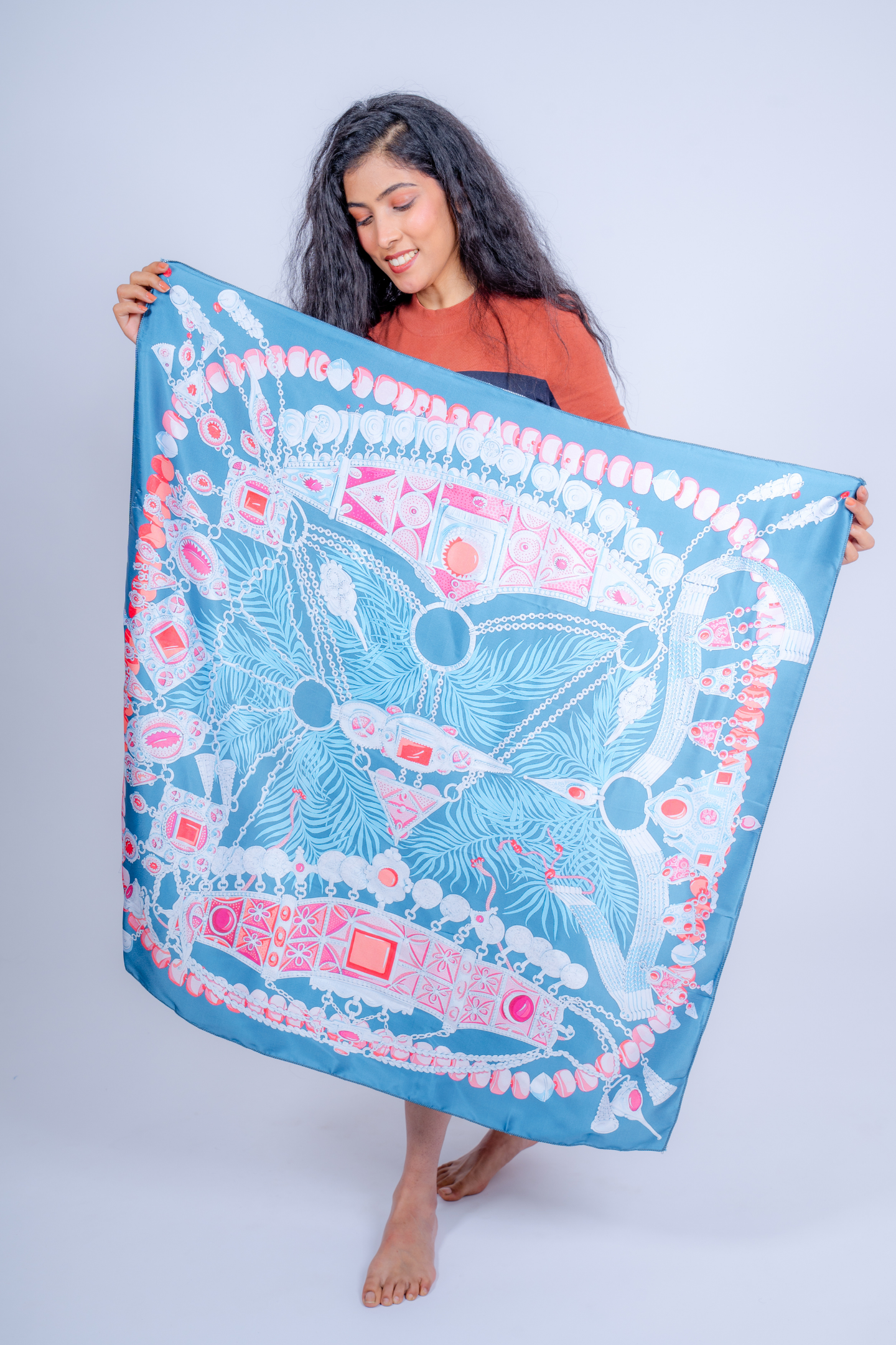 Luxe Ethnic Jewel-Print Satin Scarf