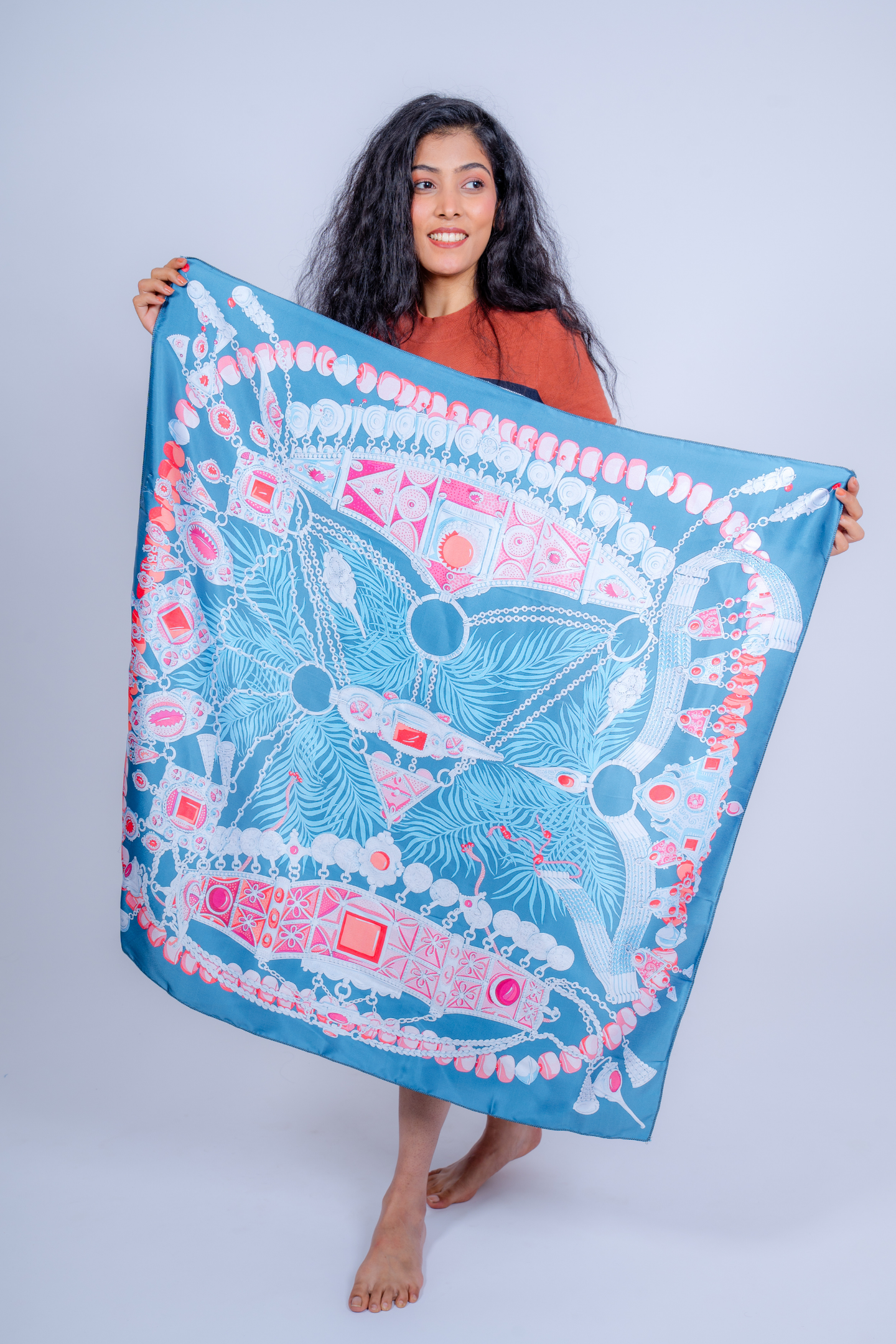 Luxe Ethnic Jewel-Print Satin Scarf