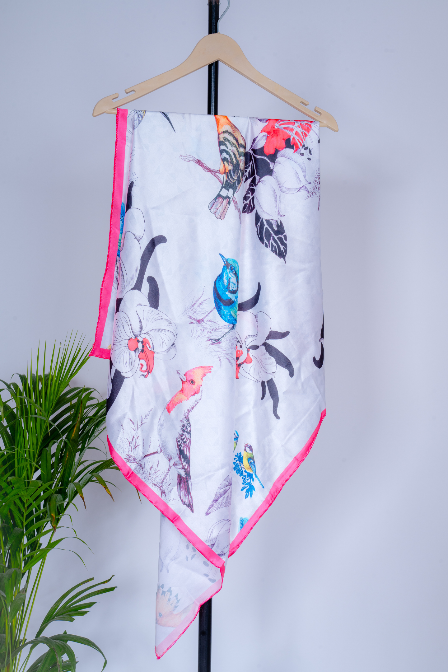 Exotic Bird & Floral Printed Silk Scarf