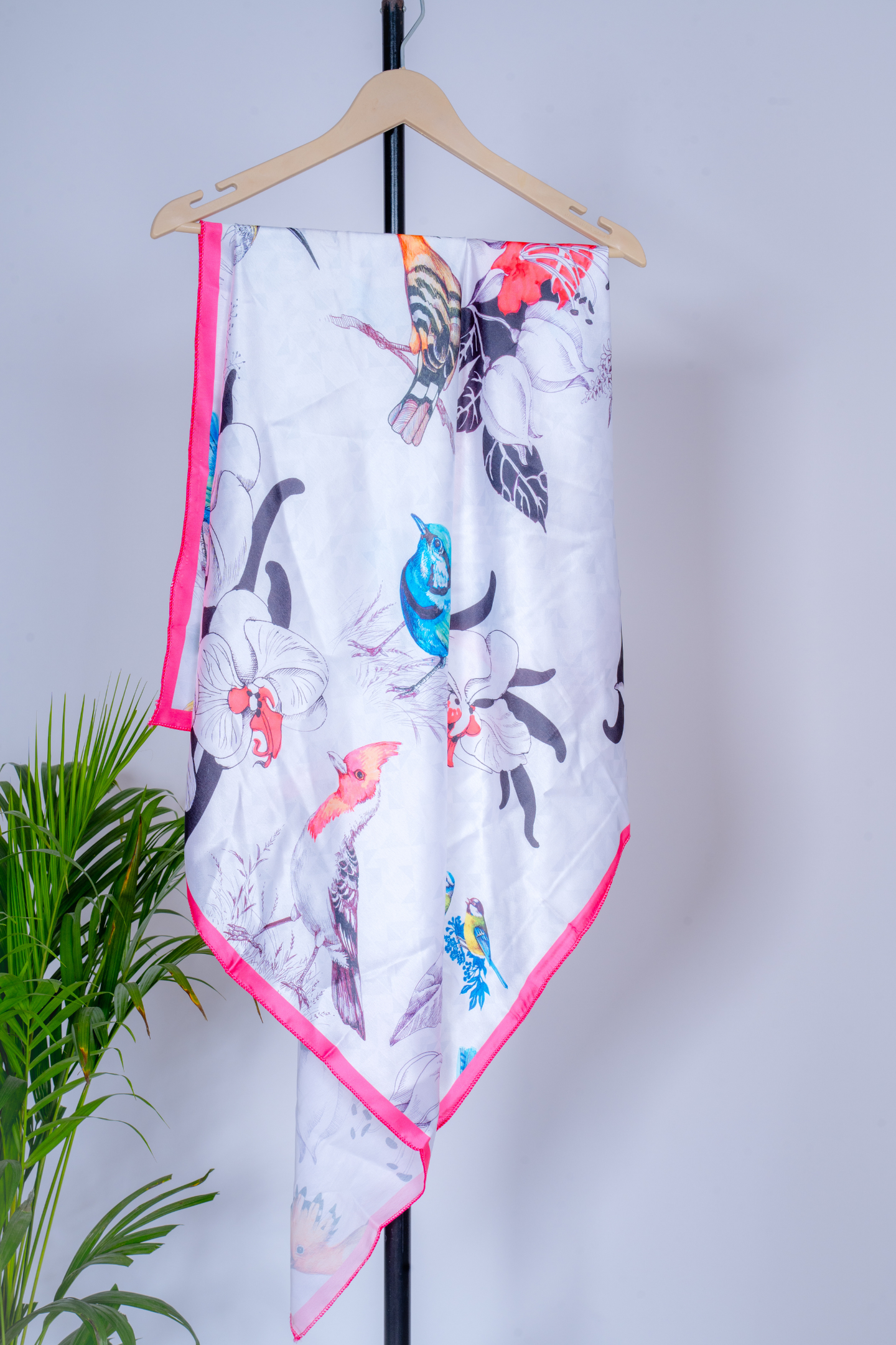 Exotic Bird & Floral Printed Silk Scarf