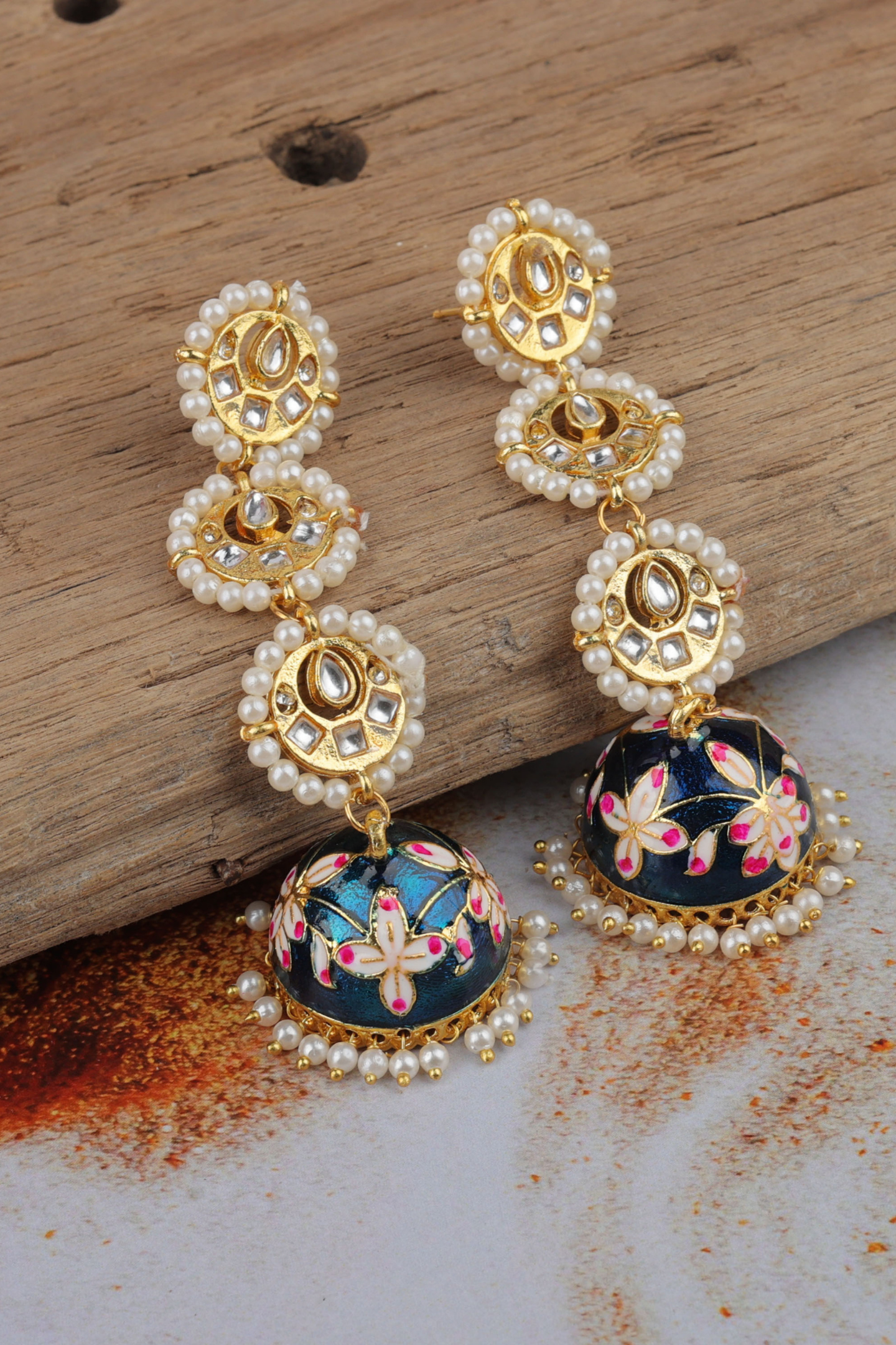 Royal Kundan Meenakari Jhumka Earring-Blue