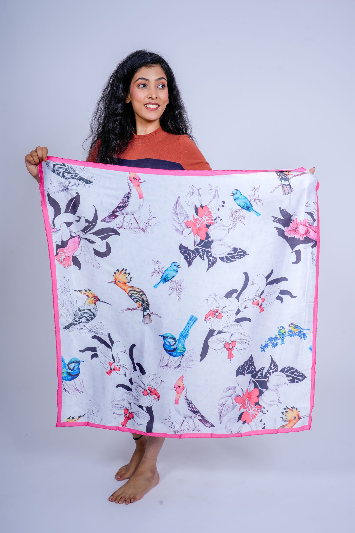 Exotic Bird & Floral Printed Silk Scarf