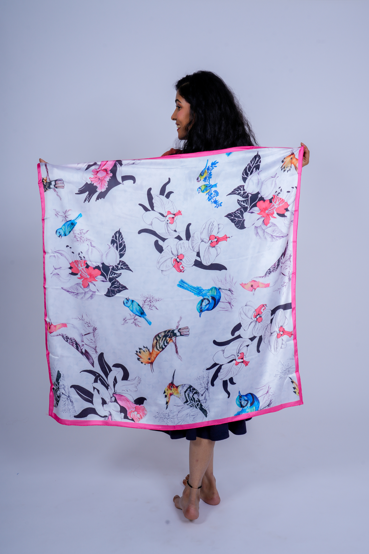 Exotic Bird & Floral Printed Silk Scarf