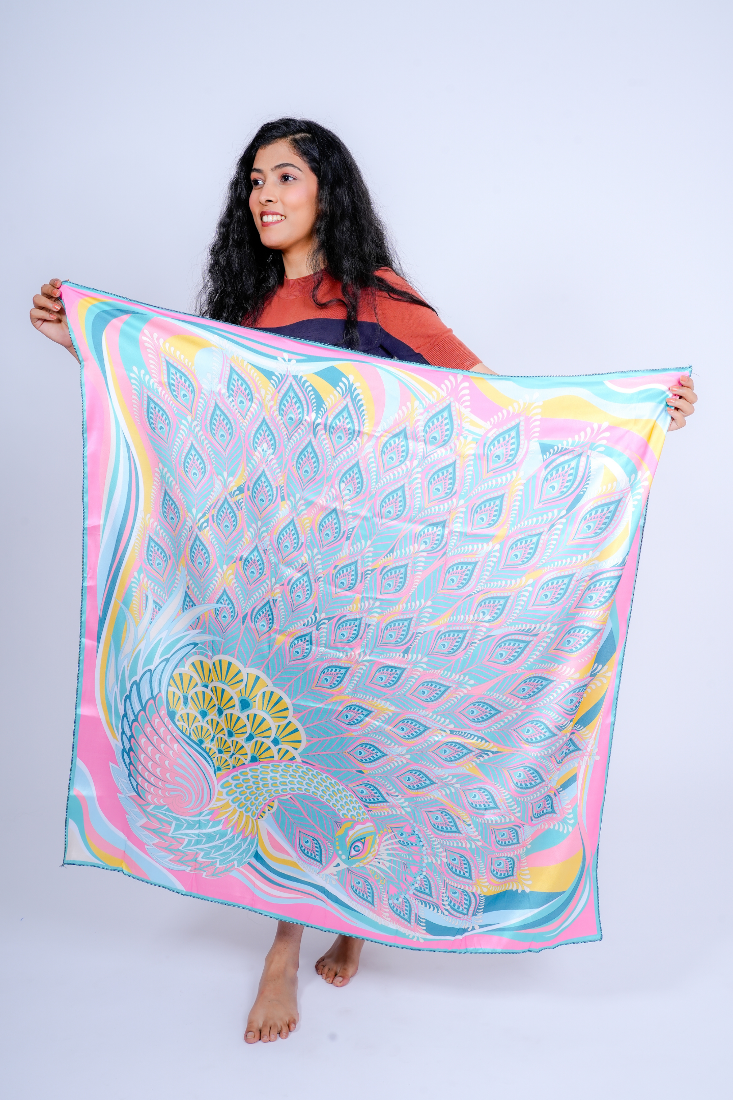 Vibrant Peacock Print Satin Scarf