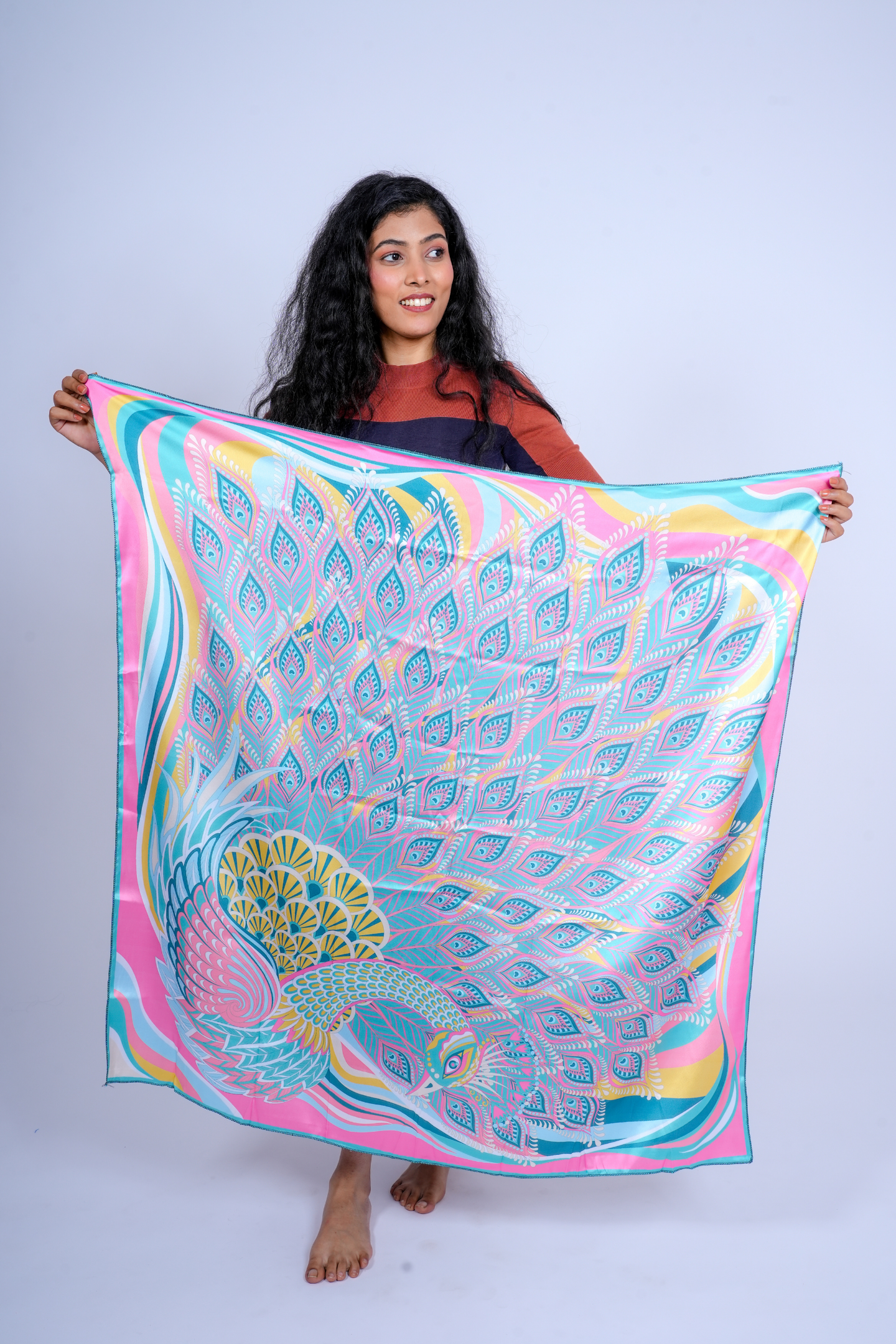 Vibrant Peacock Print Satin Scarf