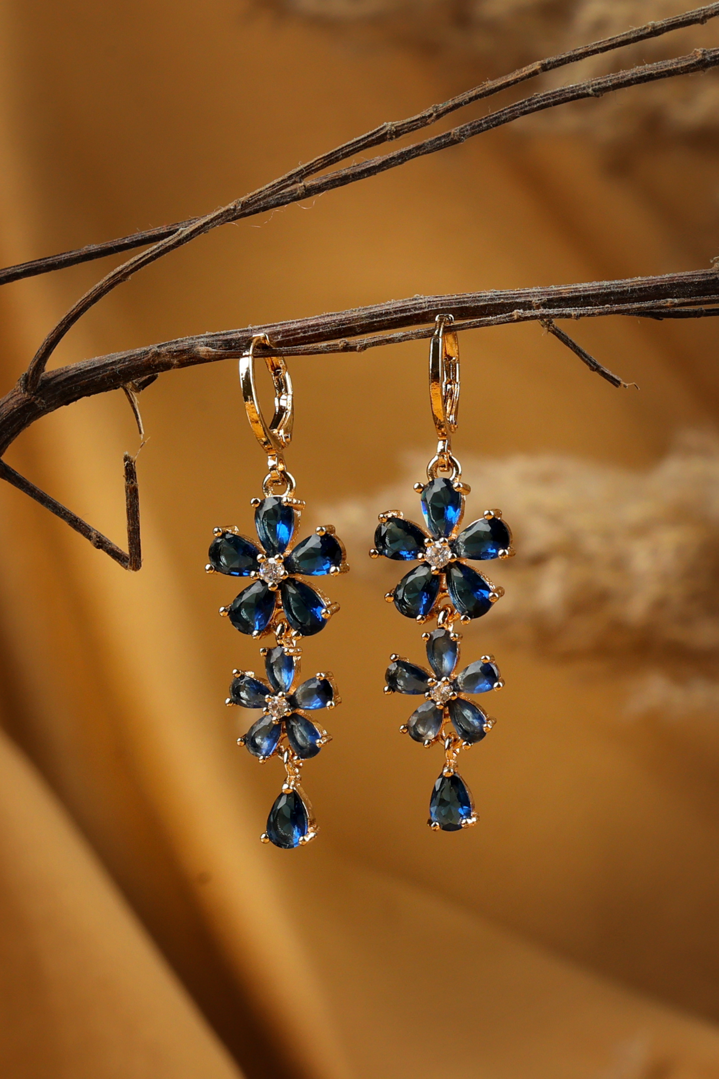 American Diamond floral Earrings-Blue