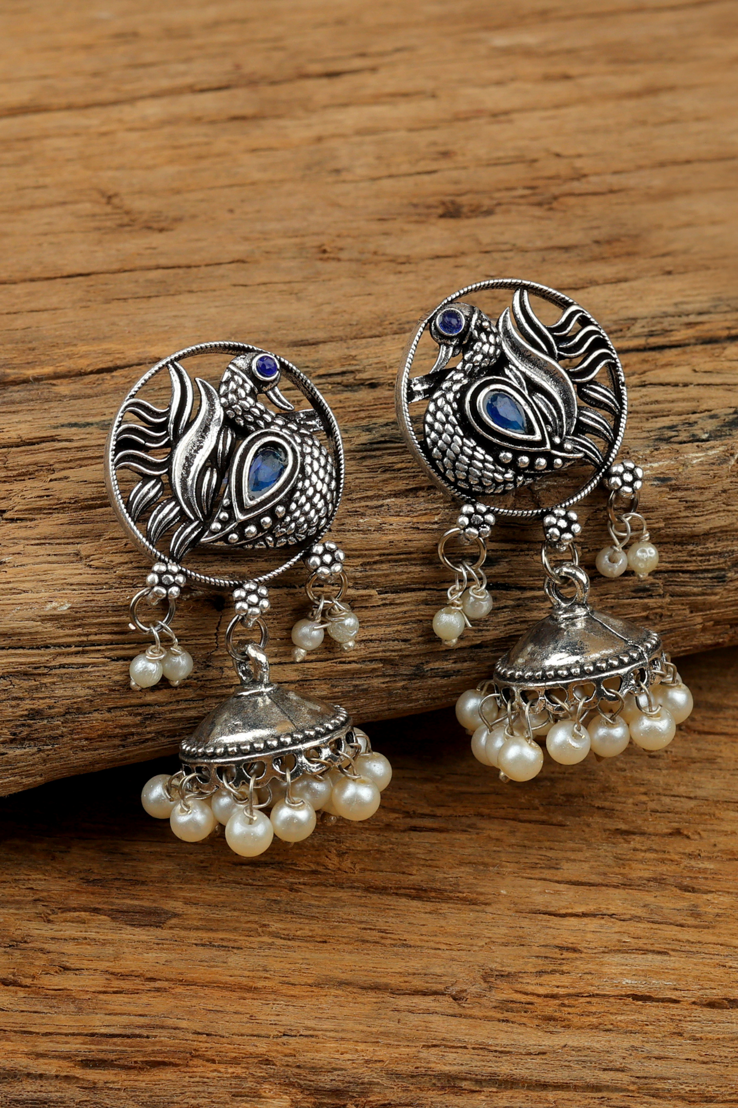 Antique Silver Peacock Jhumka Earrings