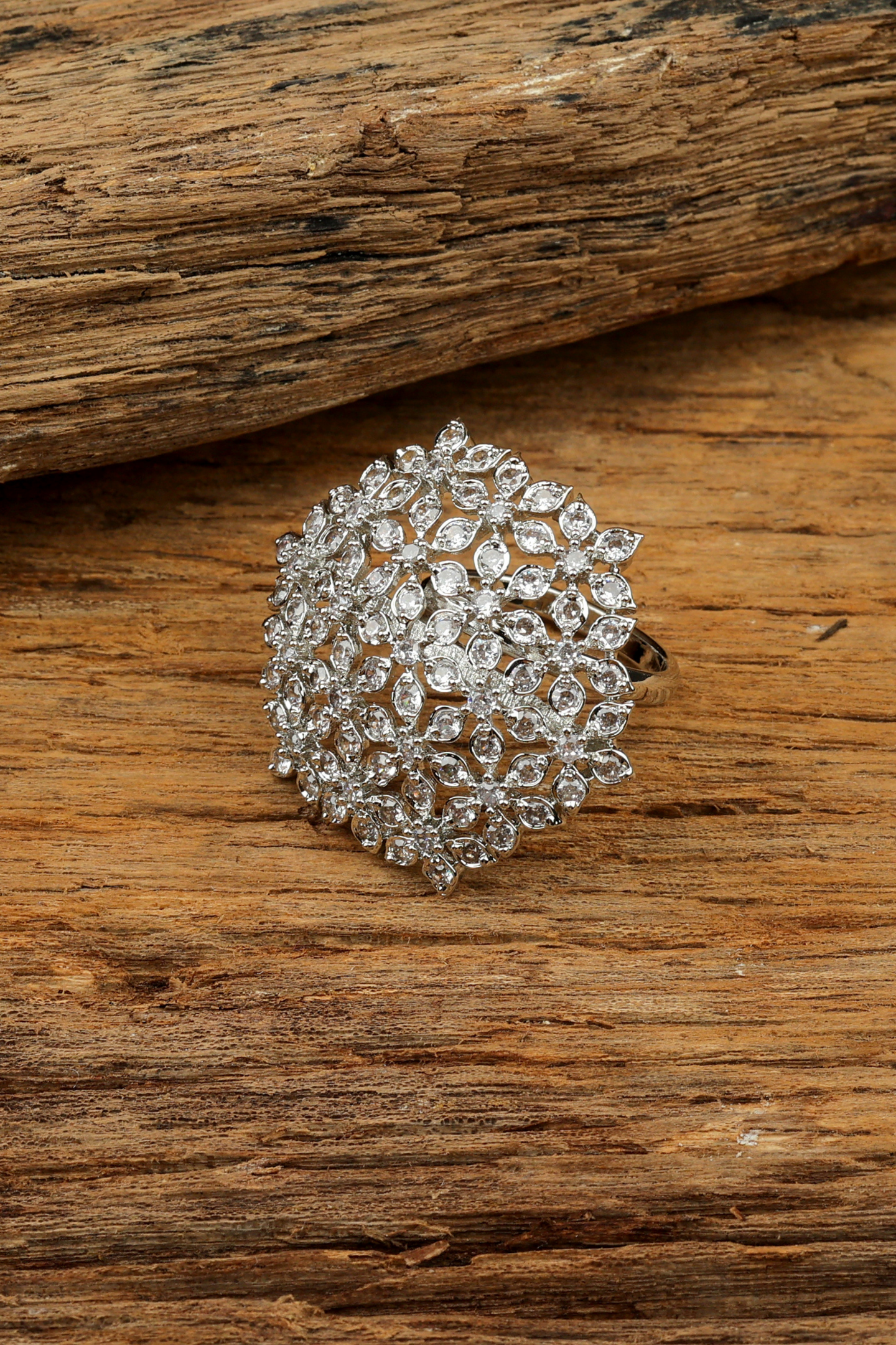 Floral American Diamond Cocktail Ring-Silver