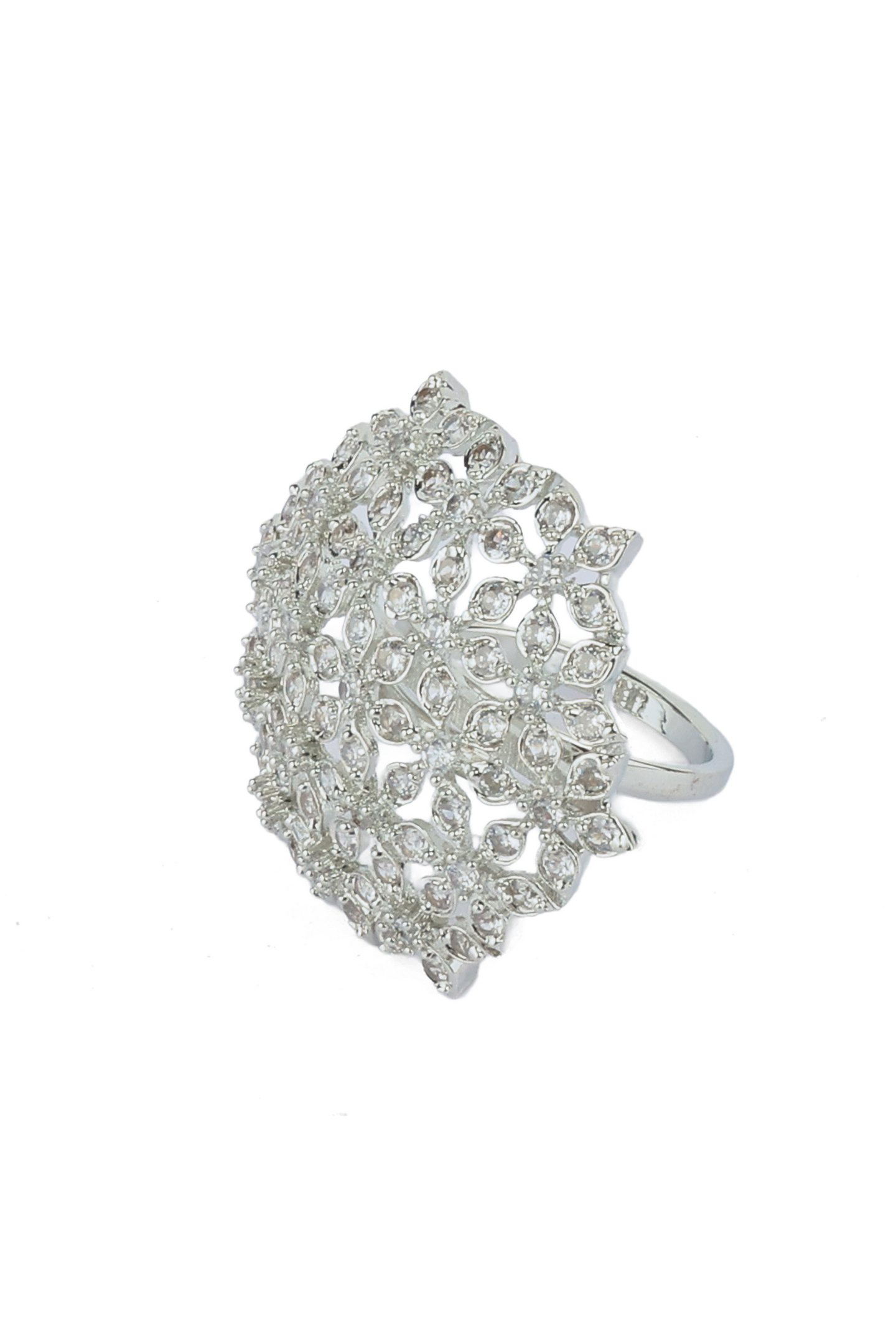 Floral American Diamond Cocktail Ring-Silver