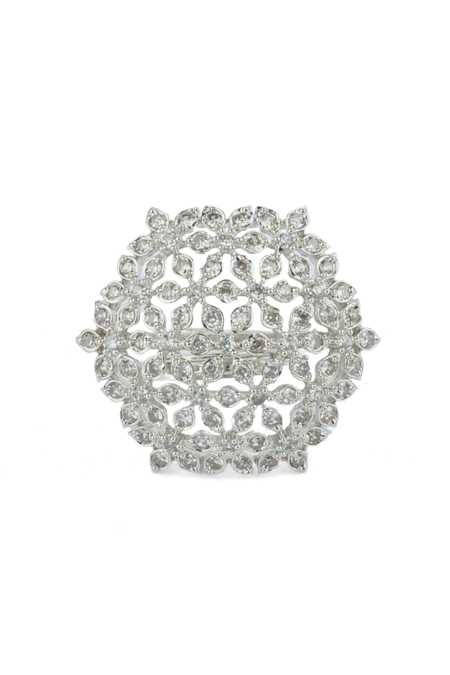 Floral American Diamond Cocktail Ring-Silver