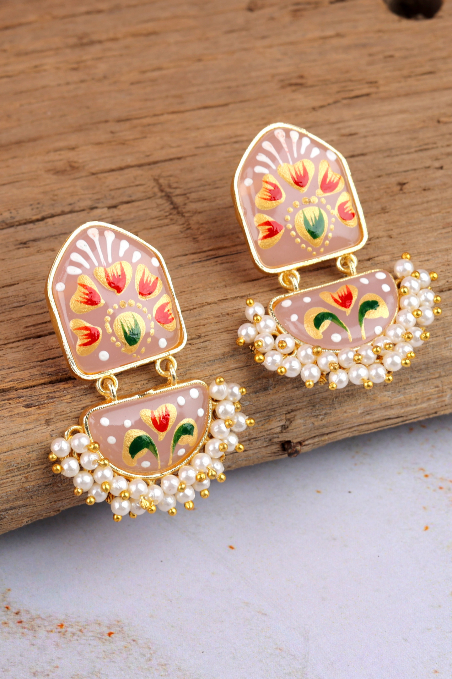 Hand-Painted Meenakari Pearl Drop Earring-Pink