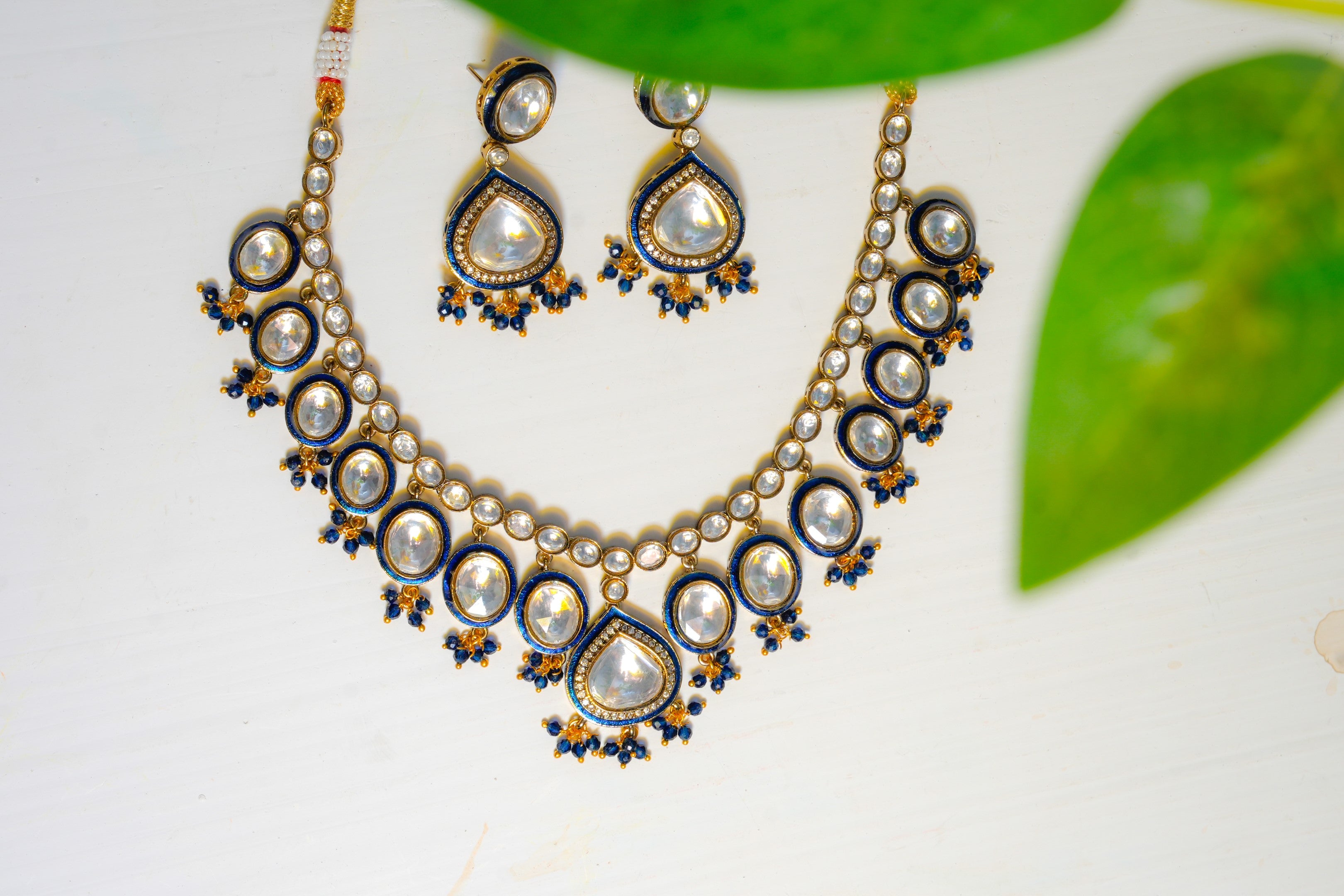 Majestic Kundan Polki Pearl Necklace-Blue