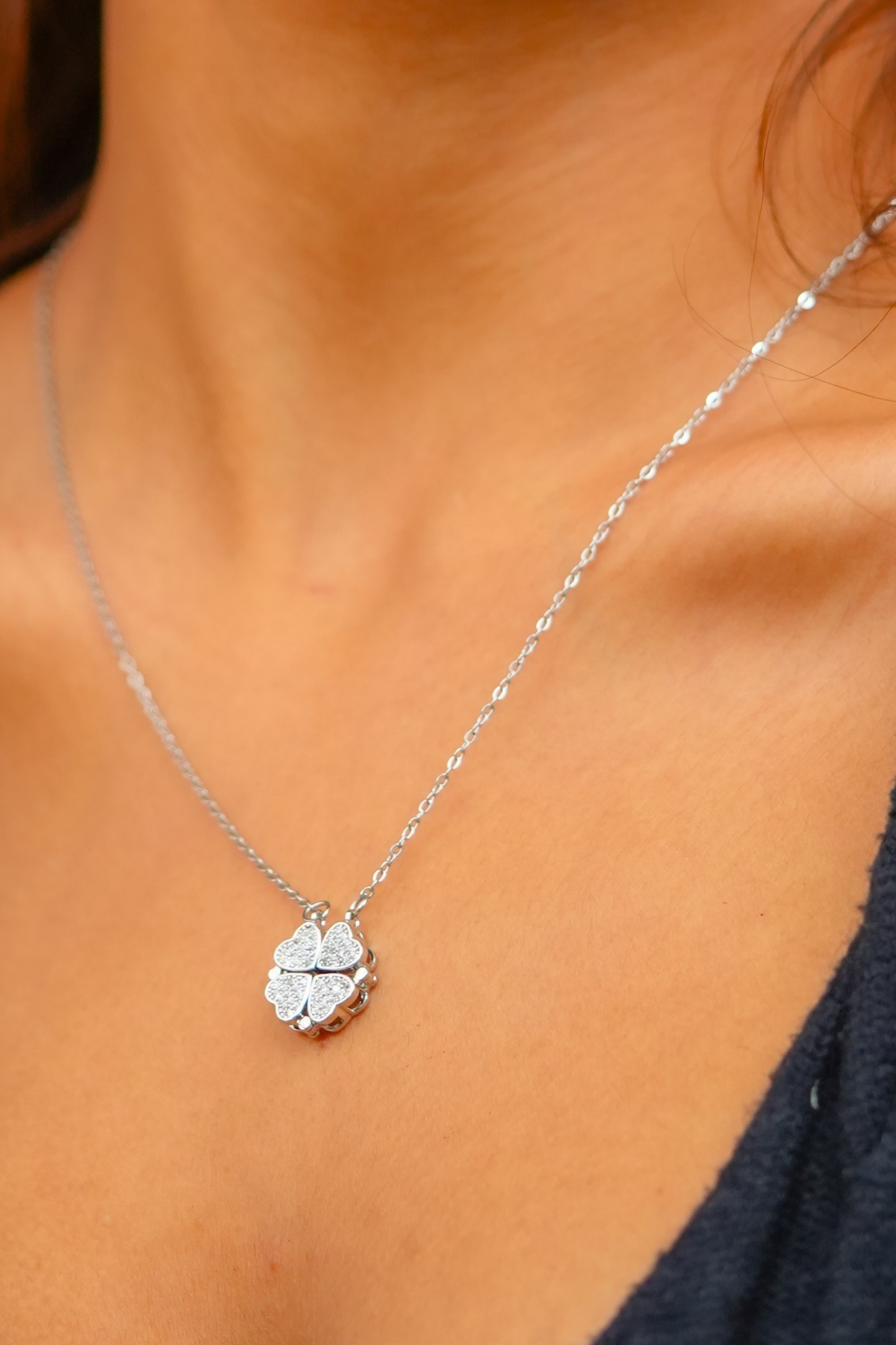 Silver-Plated Reversible Clover & Heart Pendant