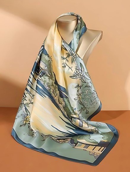 Serene Landscape Satin Scarf 100×100