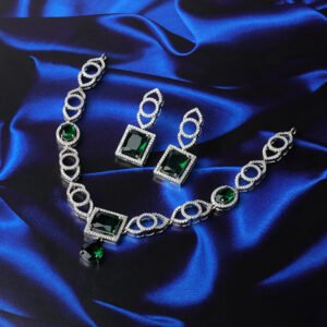 Statement Necklace with Emerald and American Diamond-Green