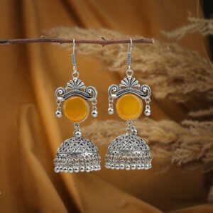 Yellow Monalisa and Silver Jhumka Earrings