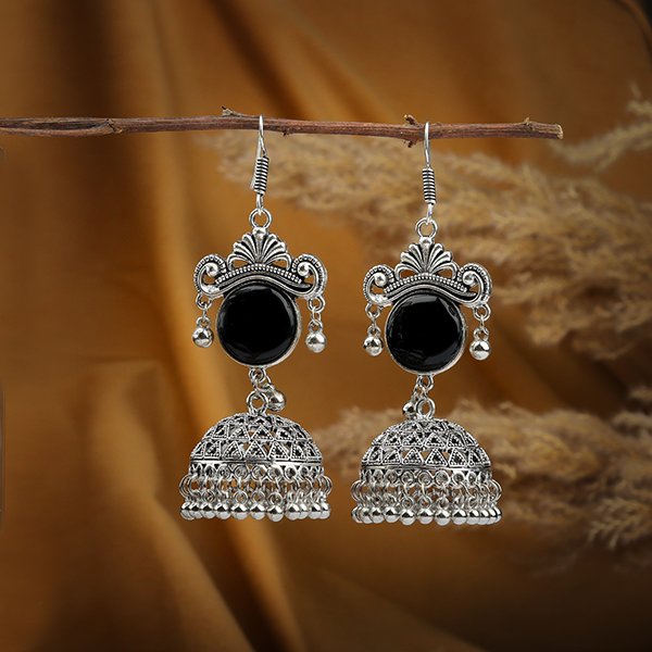 Black Monalisa and Silver Jhumka Earrings