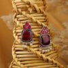 Square-Cut Red Gemstone Earrings with Floral Accent